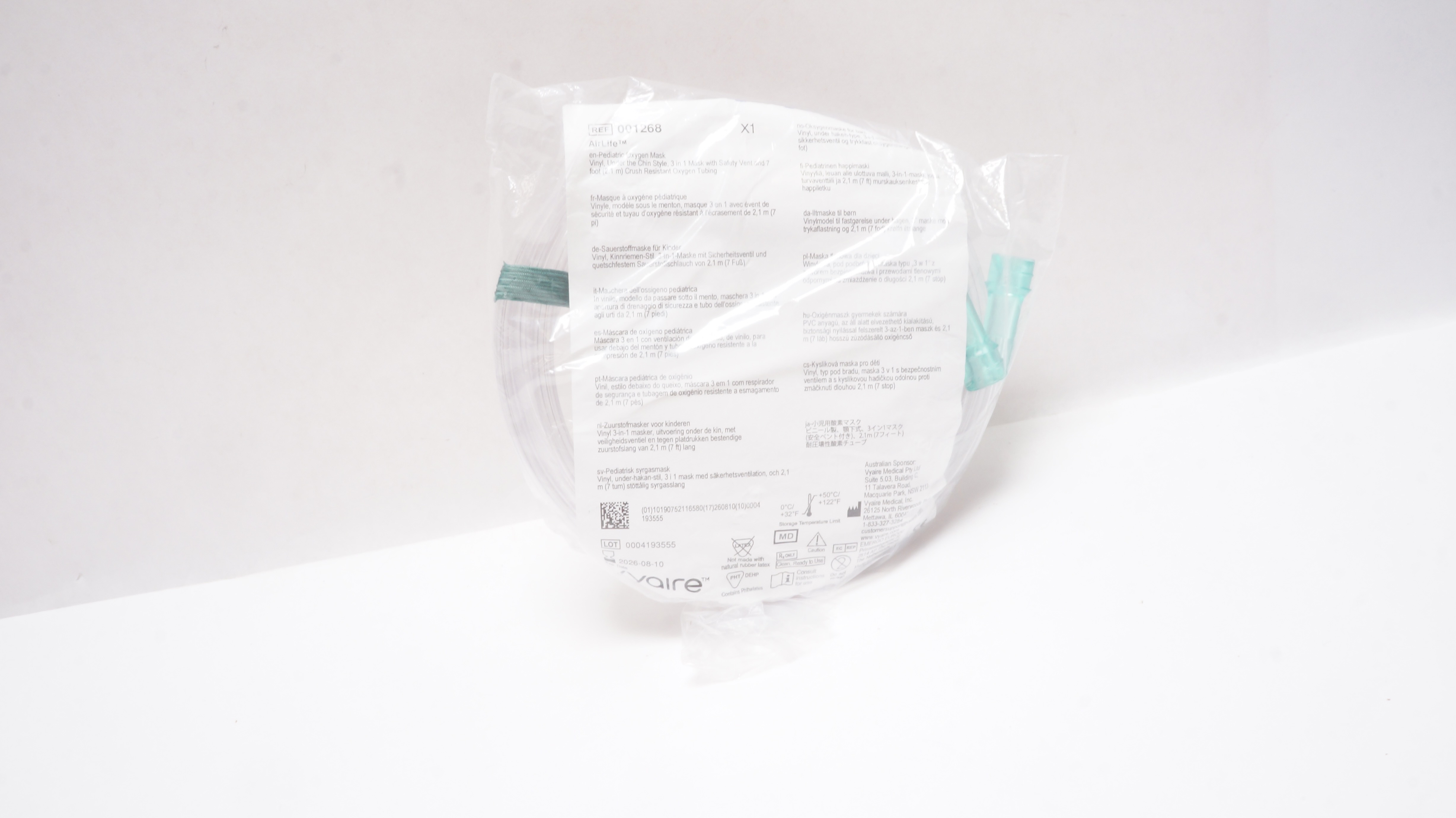 Vyaire 001268 AirLife Pediatric Oxygen Mask, Vinyl,  w/7ft. Tubing