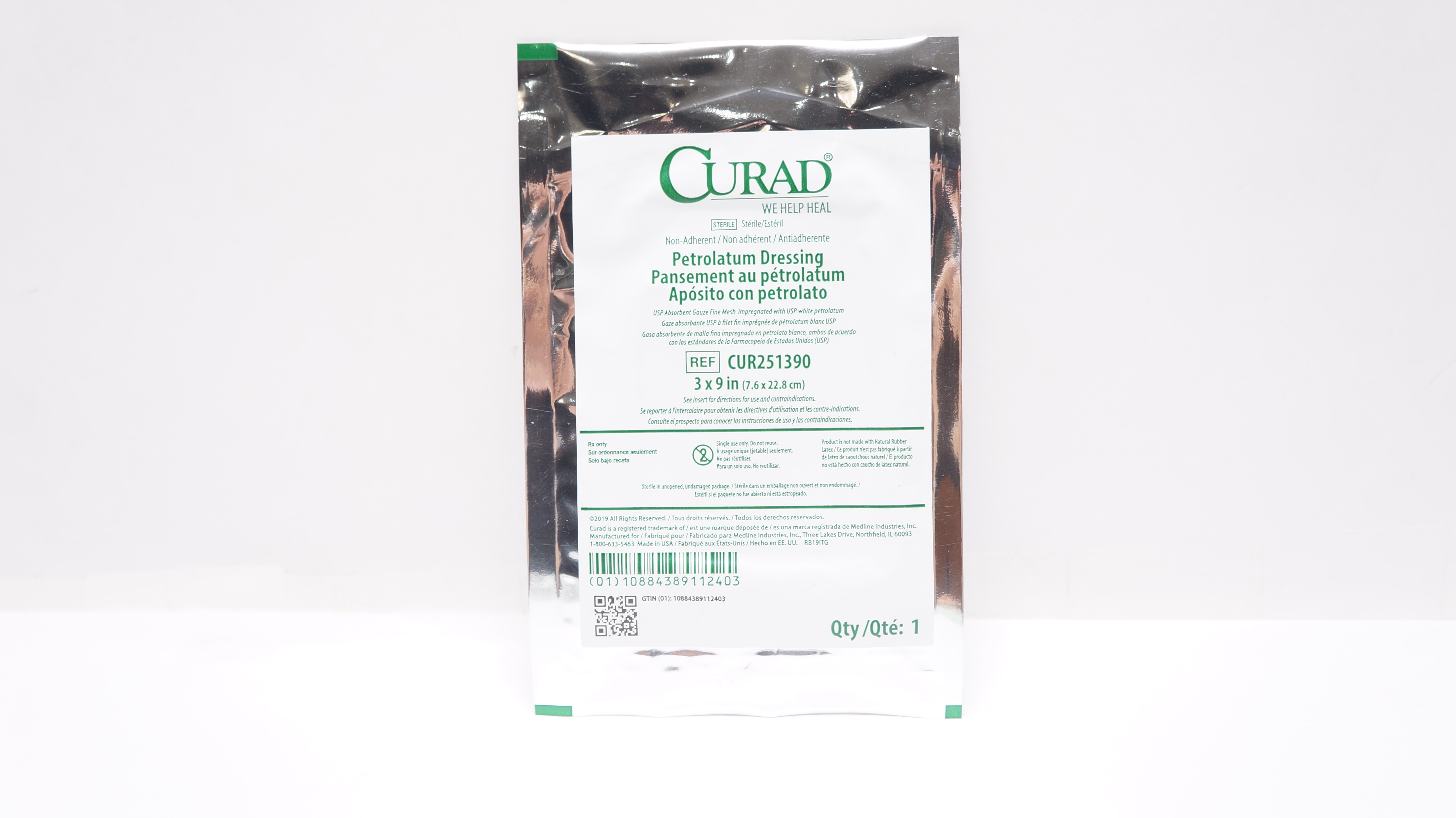 Medline CUR251390 Curad Petrolatum Dressing in Overwrap 3 inch x 9 inch (x)