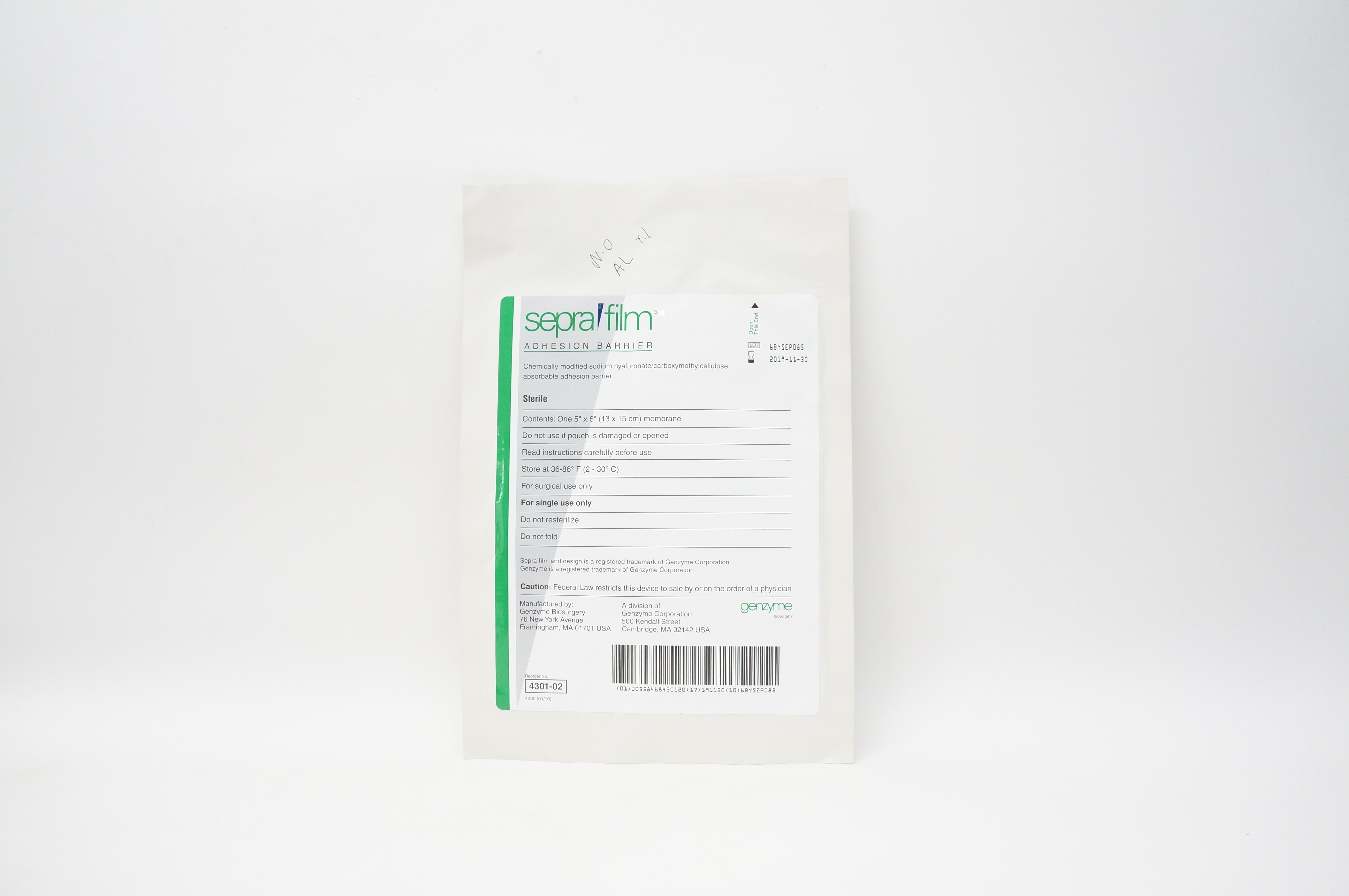 Genzyme 4301-02 Sepra Firm Adhesion Barrier 5inch x 6inch Membrane (x)