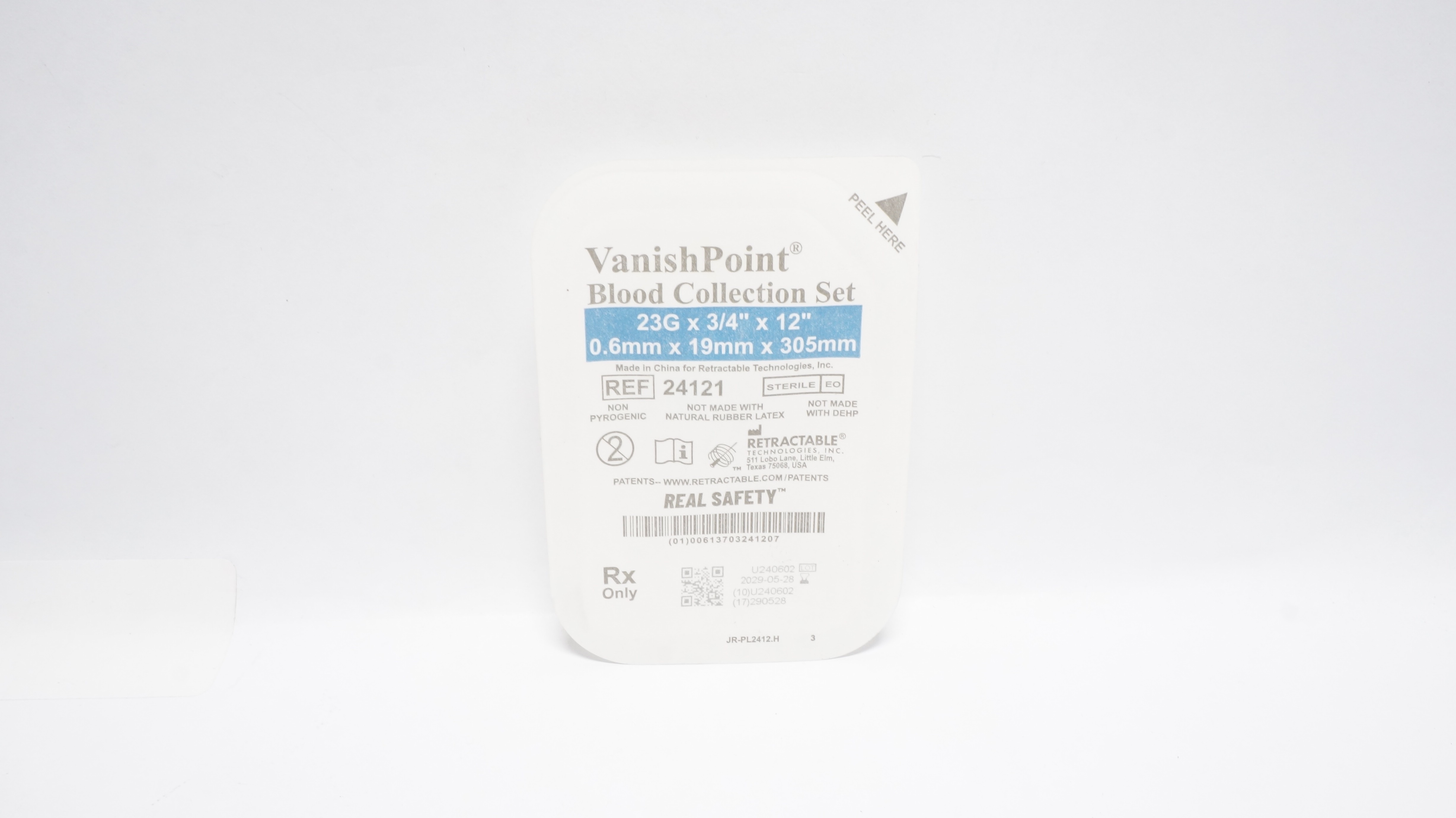 Retractable Technologies 24121 VanishPoint Blood Collection Set 23Gx3/4x12In