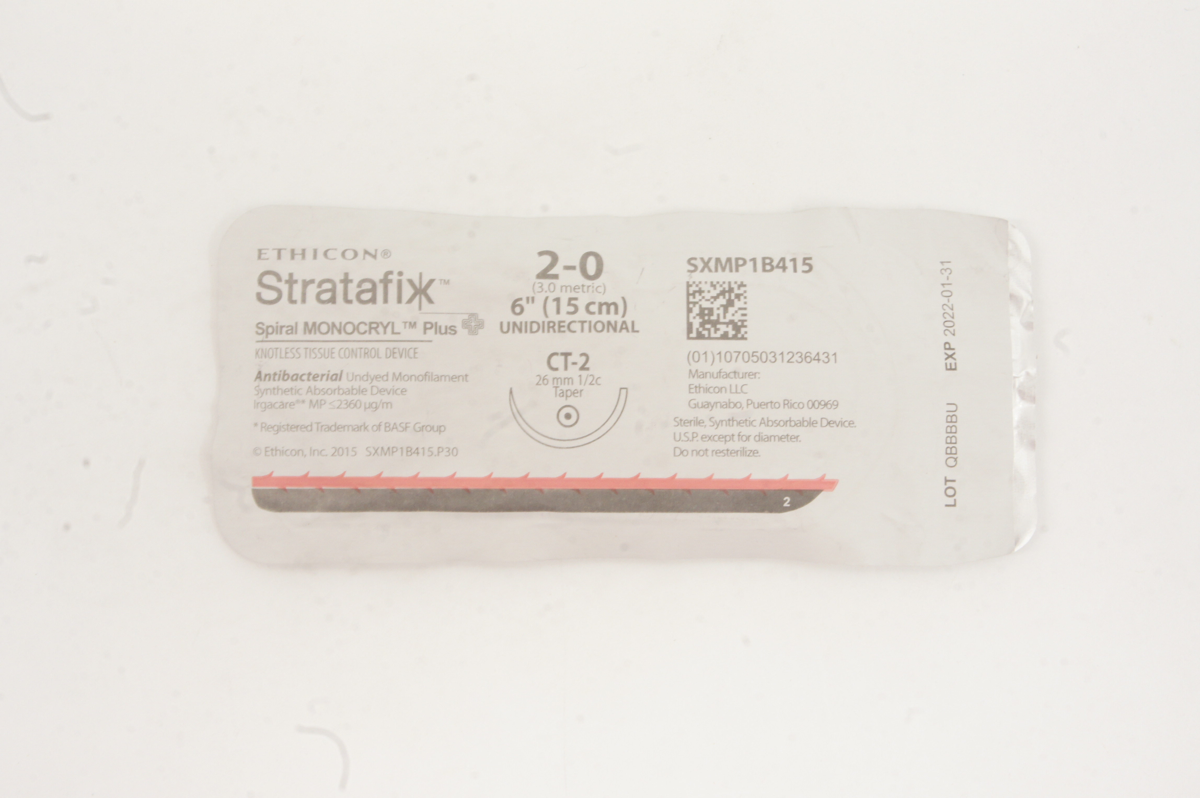 Ethicon SXMP1B415 Stratafix 2-0 Spiral Monocryl Plus CT-2 26mm 1/2c Taper 6inch