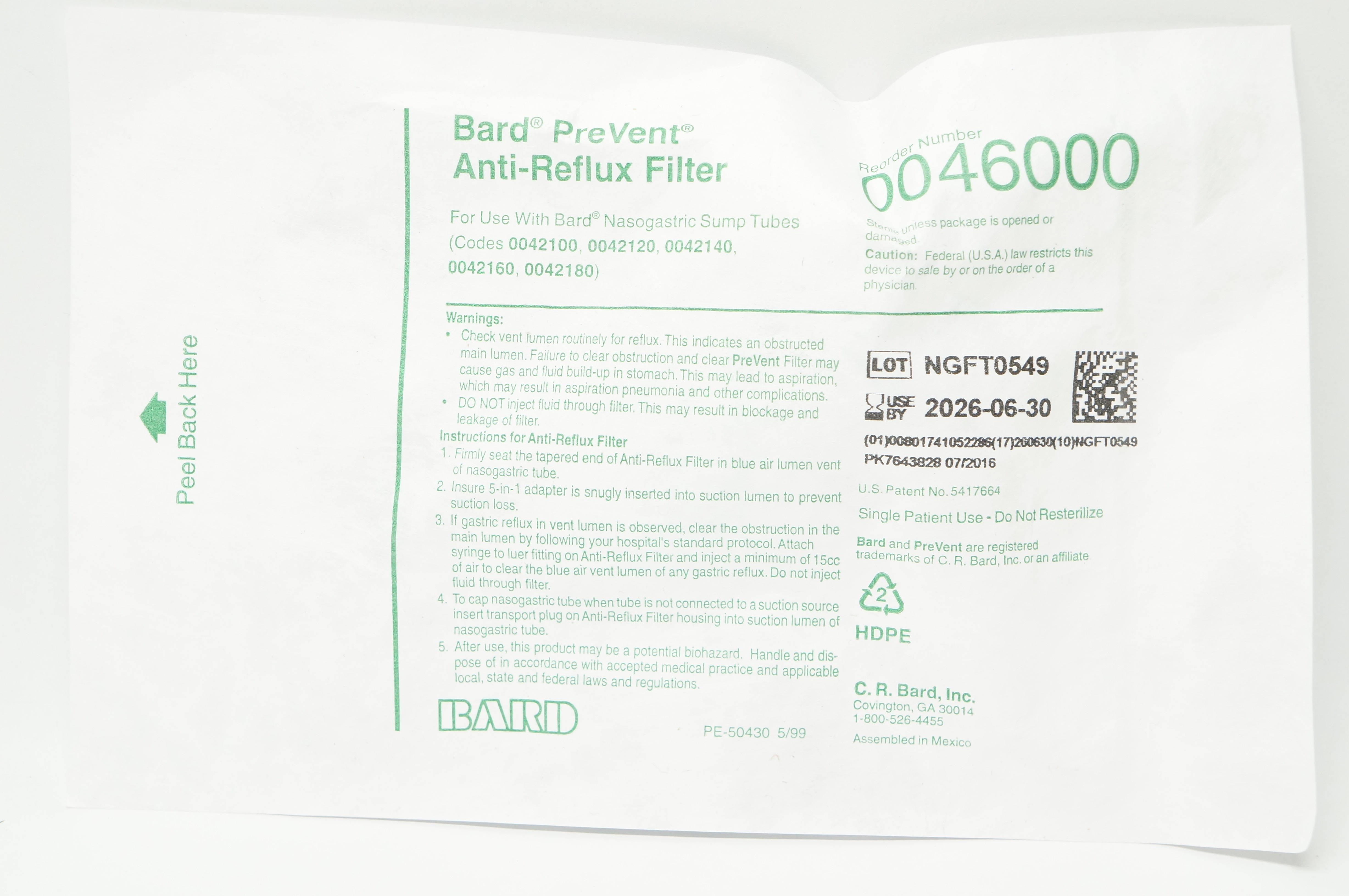 Bard 0046000 PreVent Anti-Reflux Filter