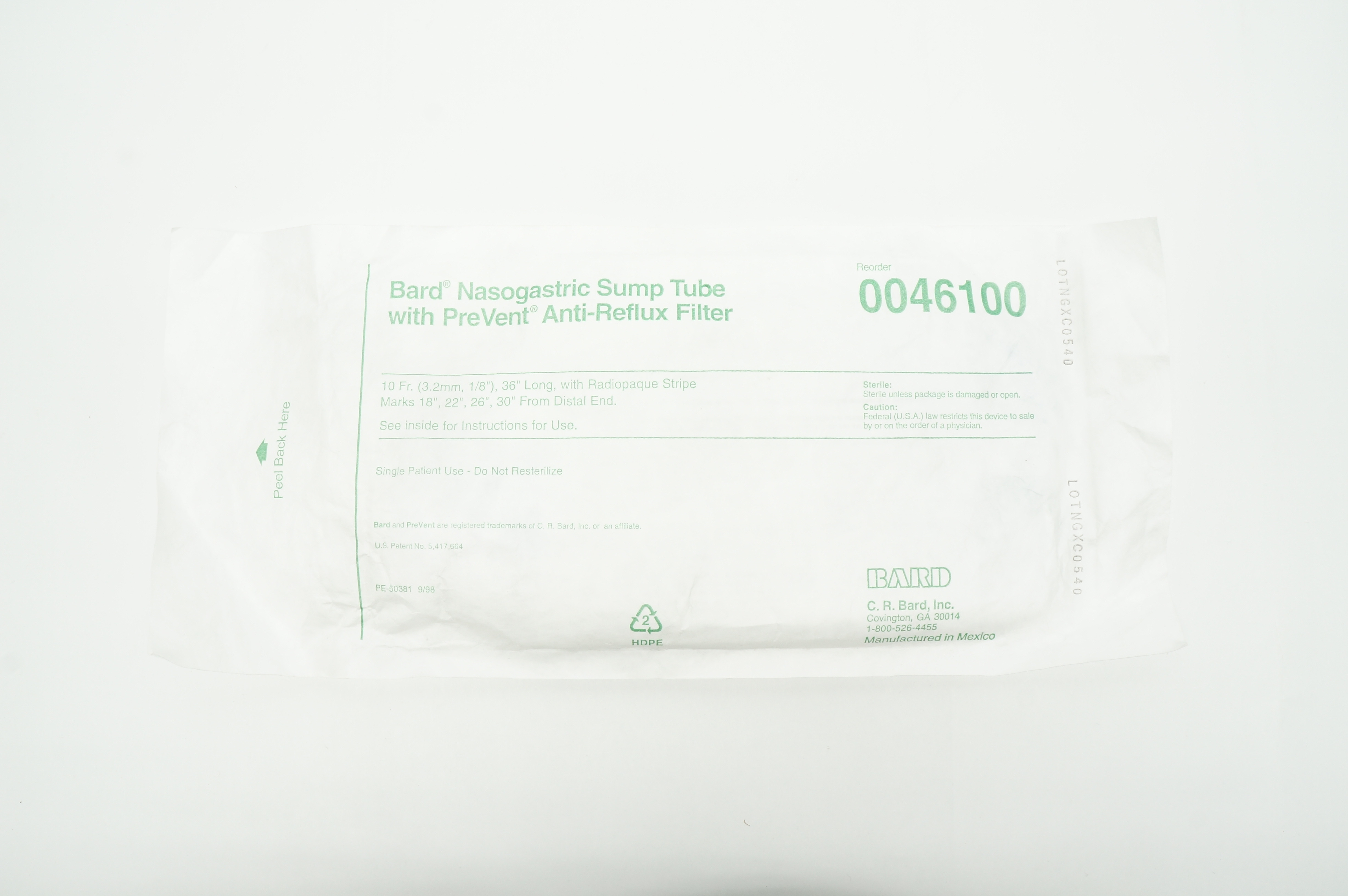 Bard 0046100 Nasogastric Sump Tube with PreVent Anti-Reflux Filter 10Fr. x 36inch