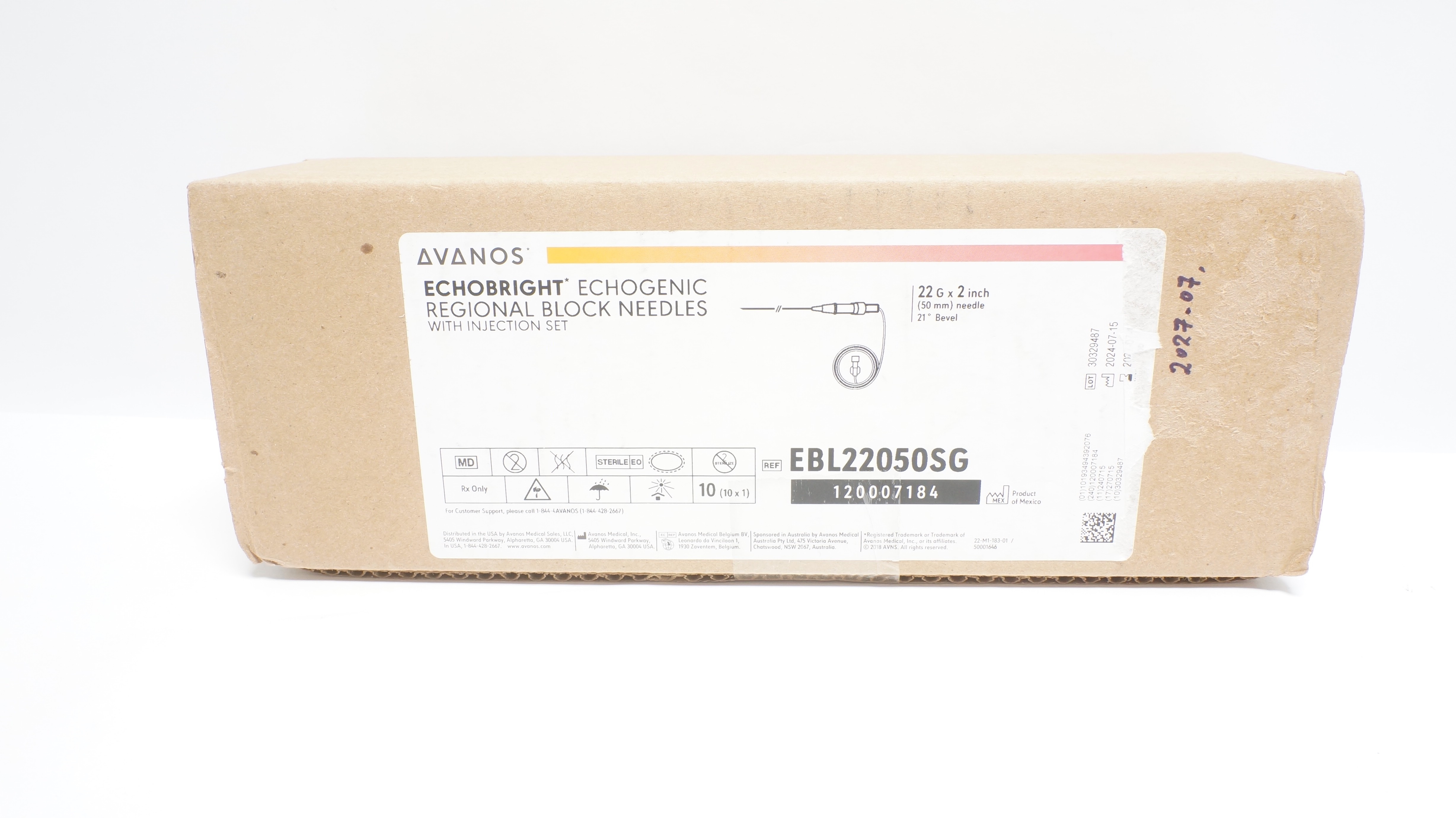 Avanos EBL22050SG EchoBright Echogenic Regional Block Ndle 22Ga x 2in.-Box of 9