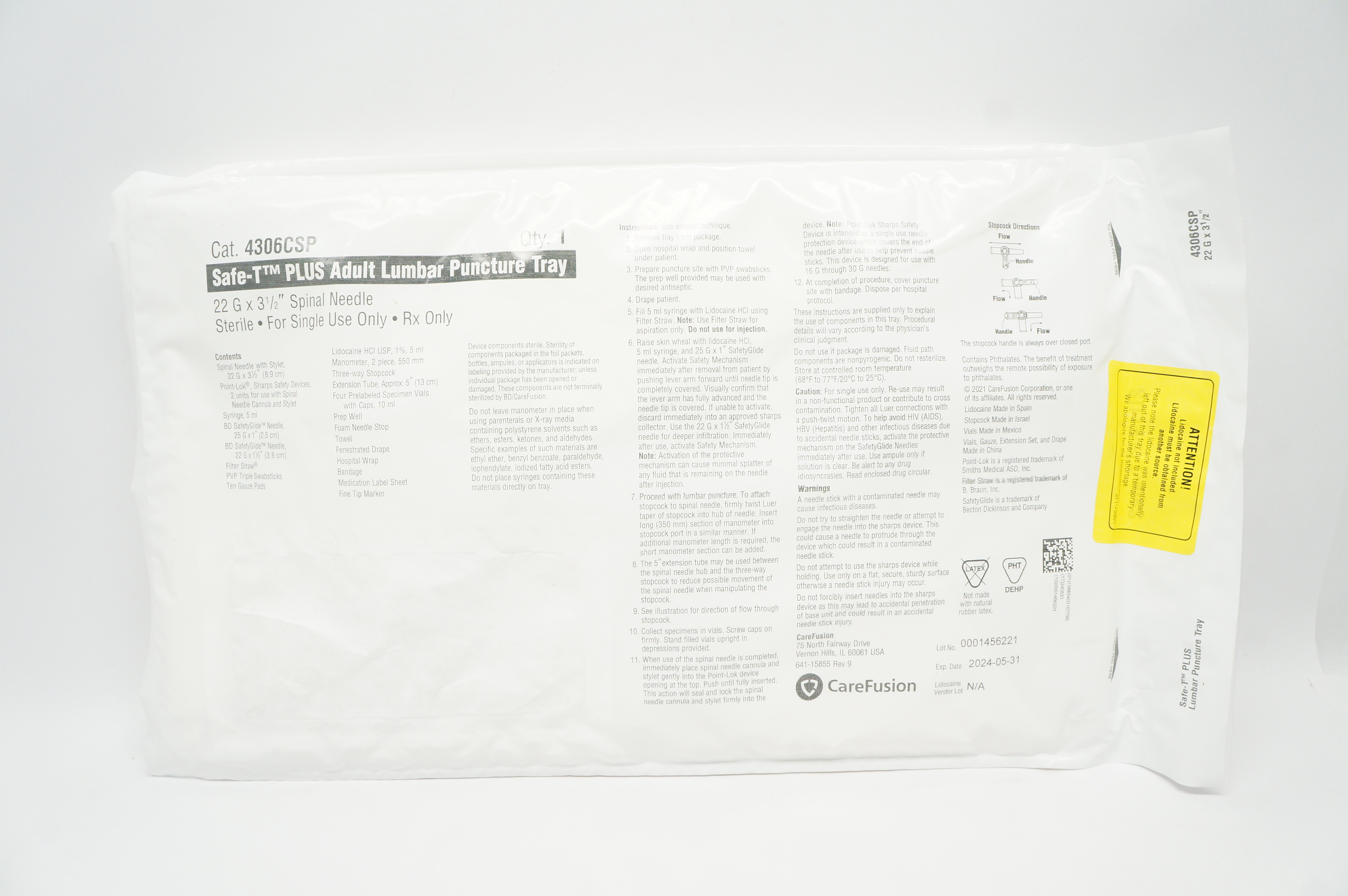 CareFusion 4306CSP Safe-T Plus Adult Lumbar Puncture Tray, Ndle 22G x 3-1/2 inch