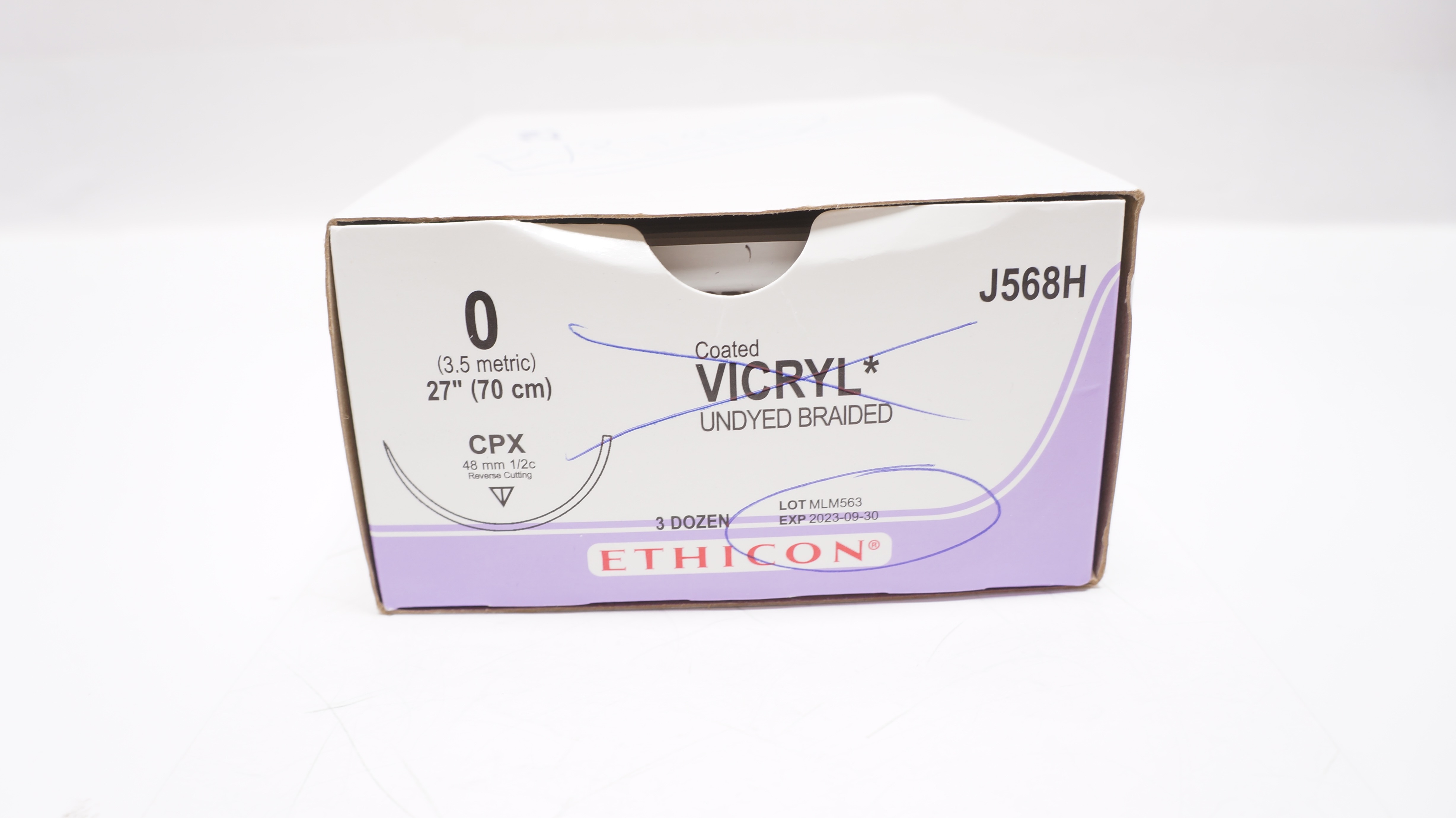 Ethicon J568H 0 VICRYL, CPX, 48mm 1/2c Reverse Cutting, 27inch (x) - Box of 29