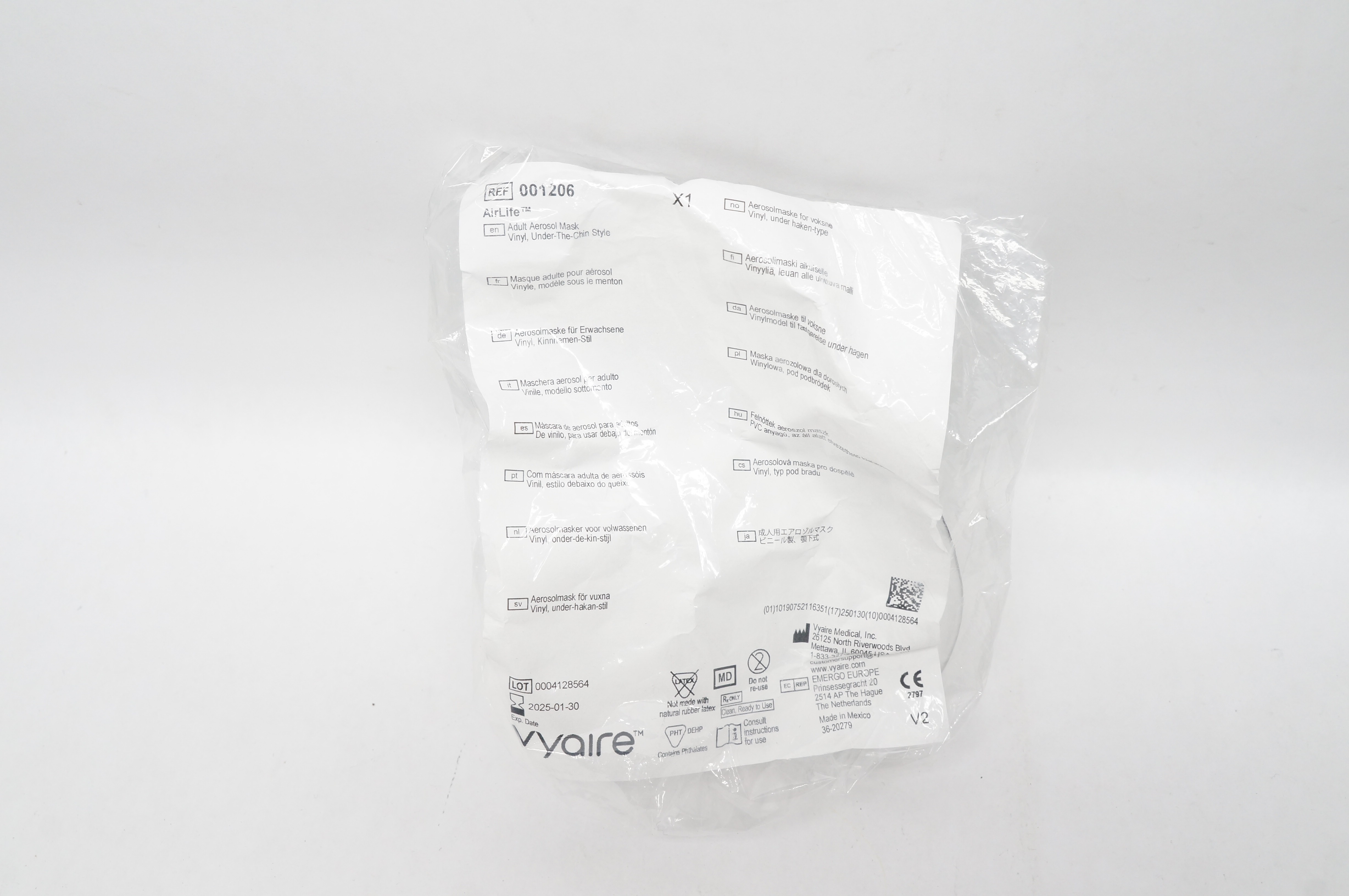 Vyaire 001206 AirLife Adult Aerosol Mask Vinyl Under-The-Chin Style