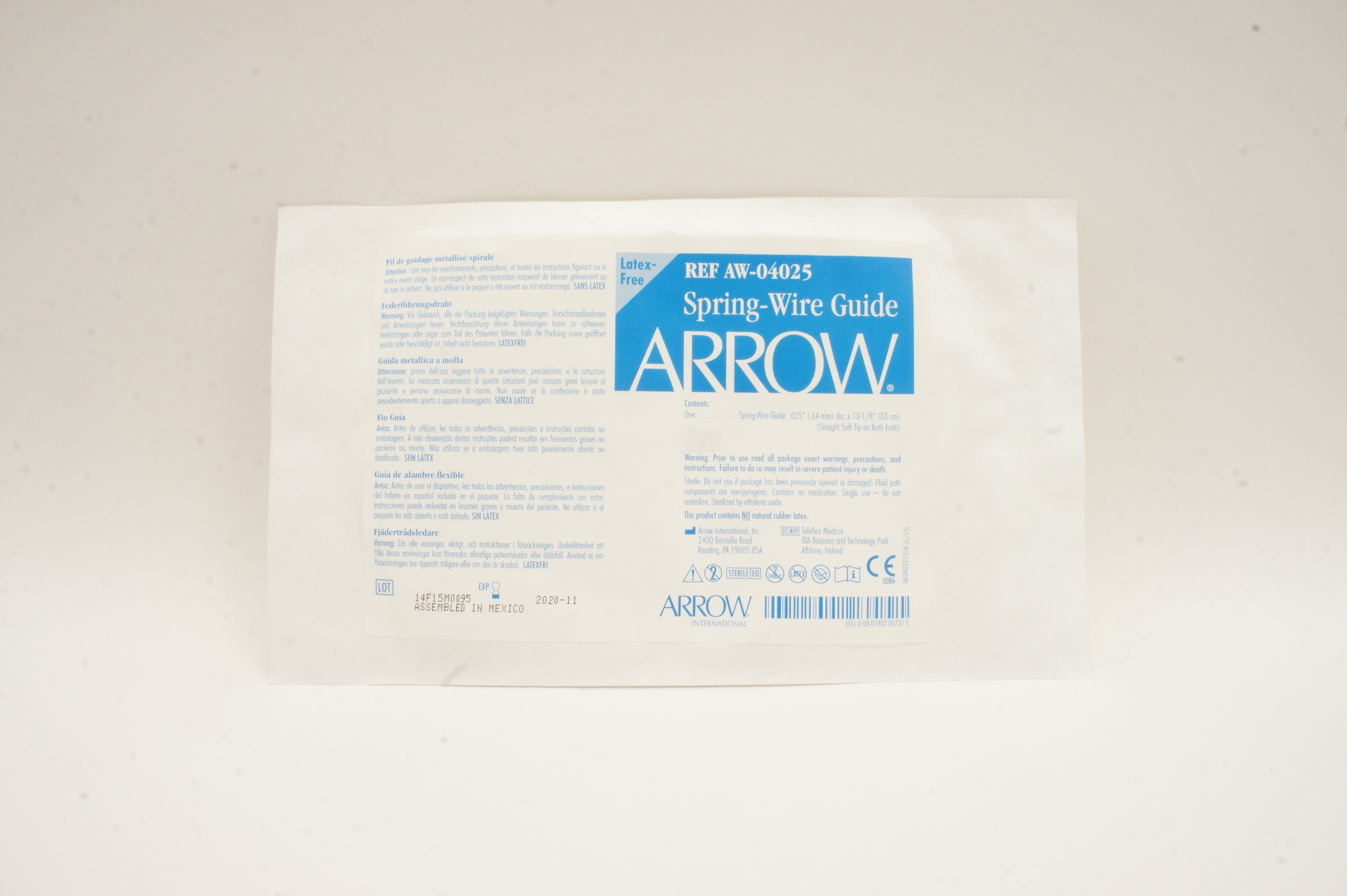 Arrow AW-04025 Spring-Wire Guide, Straight Soft Tip, 0.025inch x 13-1/8inch (x)