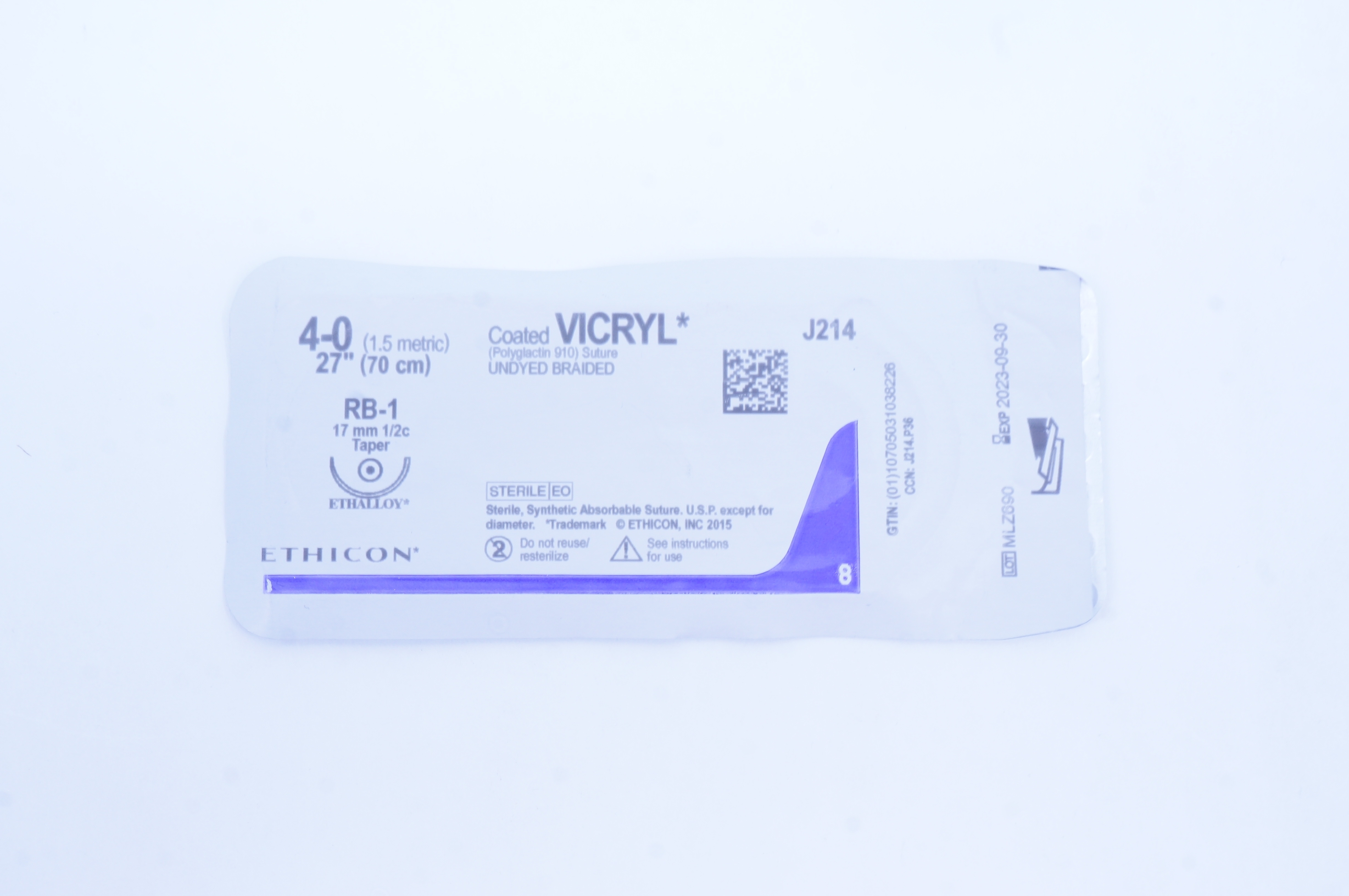 Ethicon J214 4-0 Coated VICRYL RB-1 17mm 1/2c Taper, 27inch