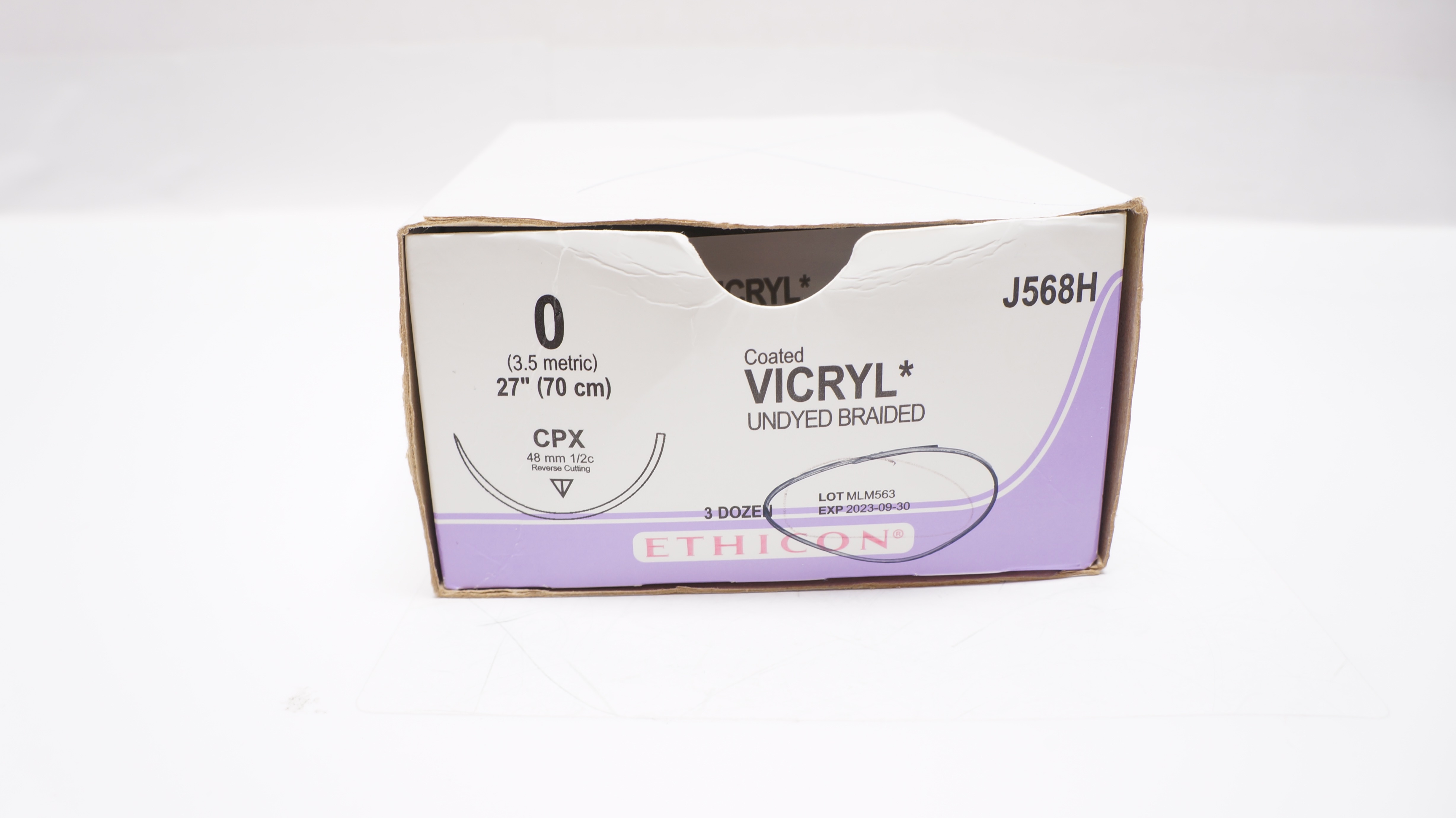 Ethicon J568H 0 VICRYL, CPX, 48mm 1/2c Reverse Cutting, 27inch (x) - Box of 36