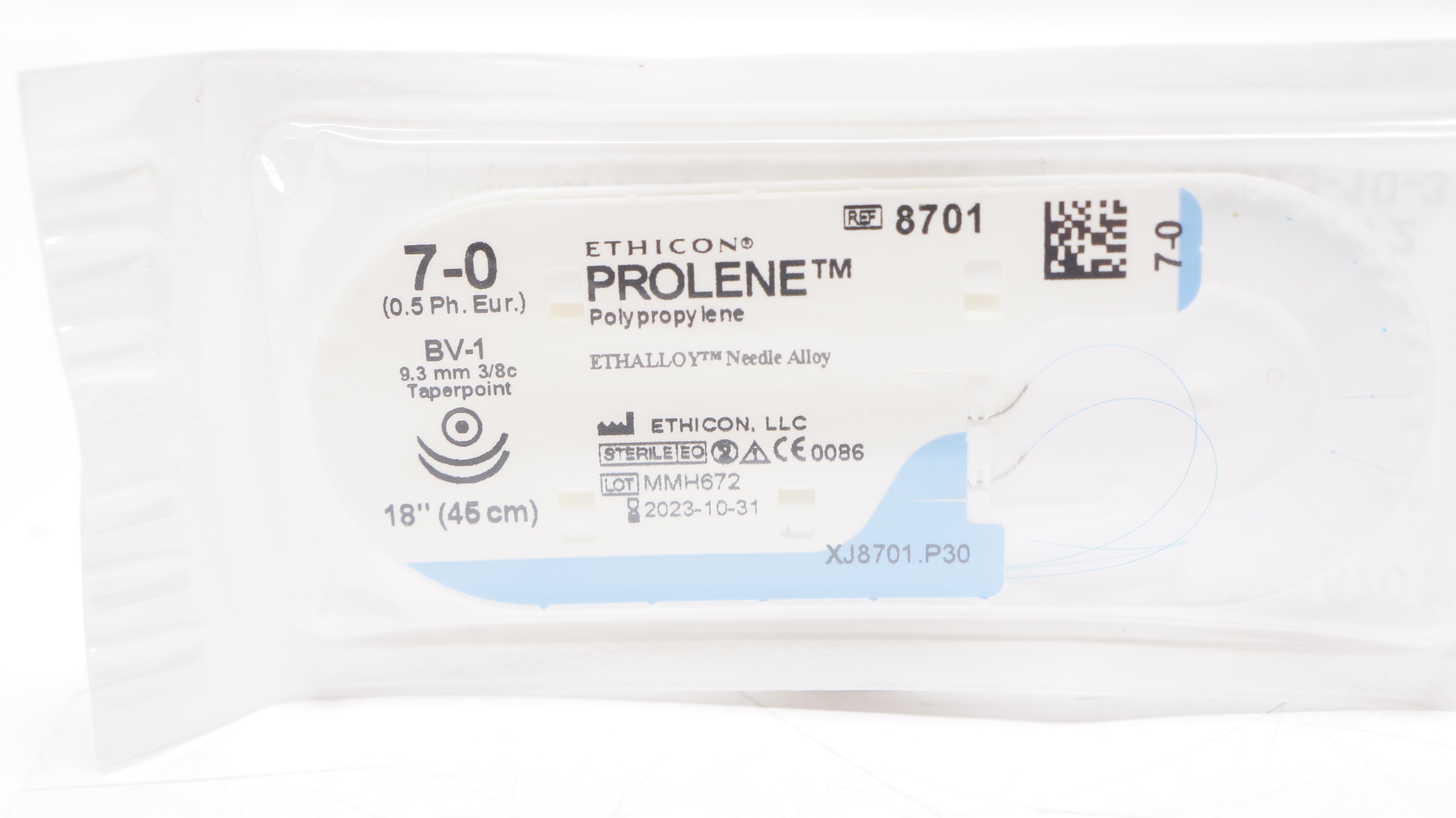 Ethicon 8701 7-0 PROLENE Polypropylene Stre BV-1 9.3mm 3/8c Taperpoint 18inch(x)