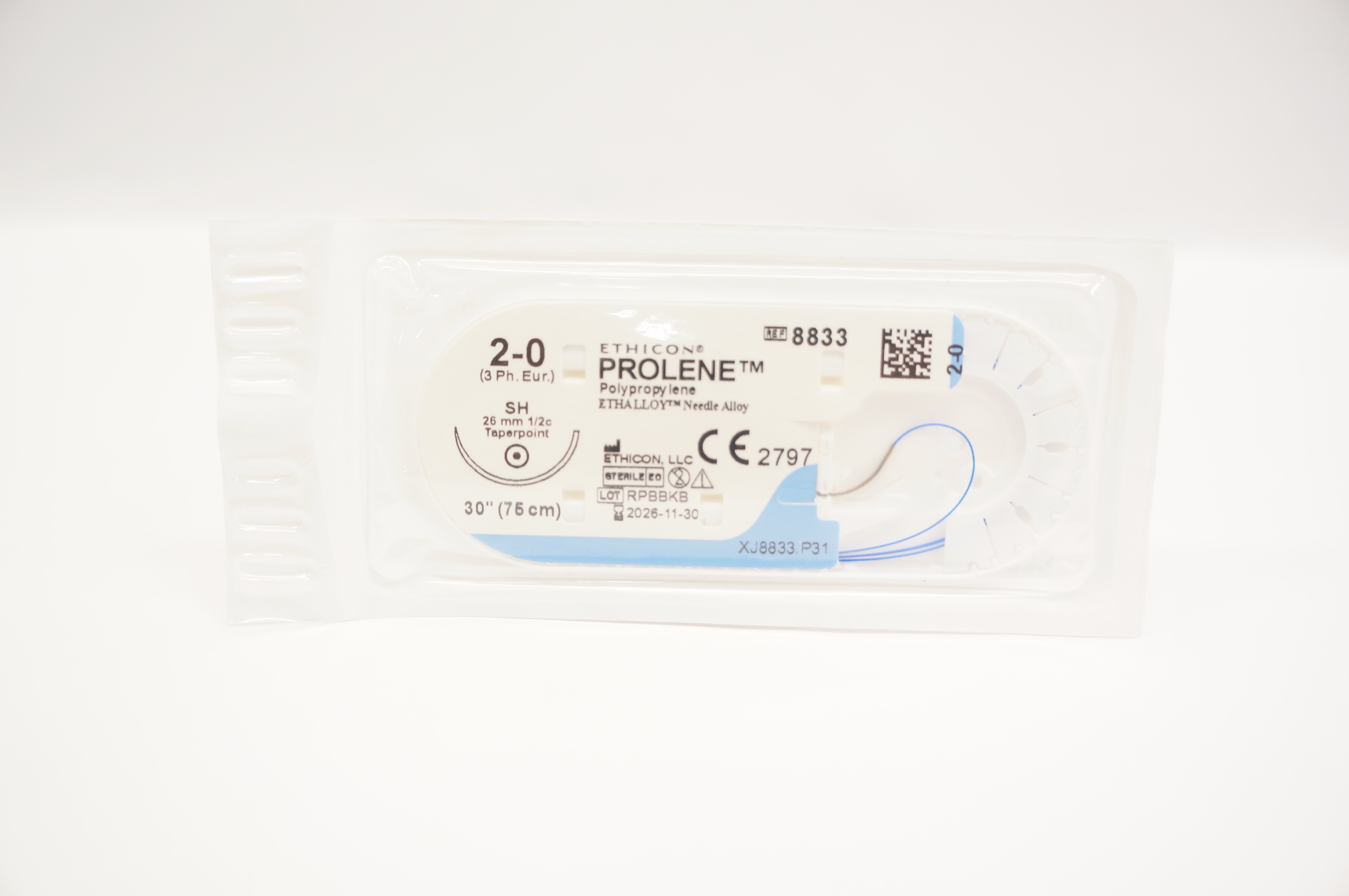 Ethicon 8833 2-0 PROLENE Blue Monofilament SH 26mm 1/2c Taperpoint 30inch