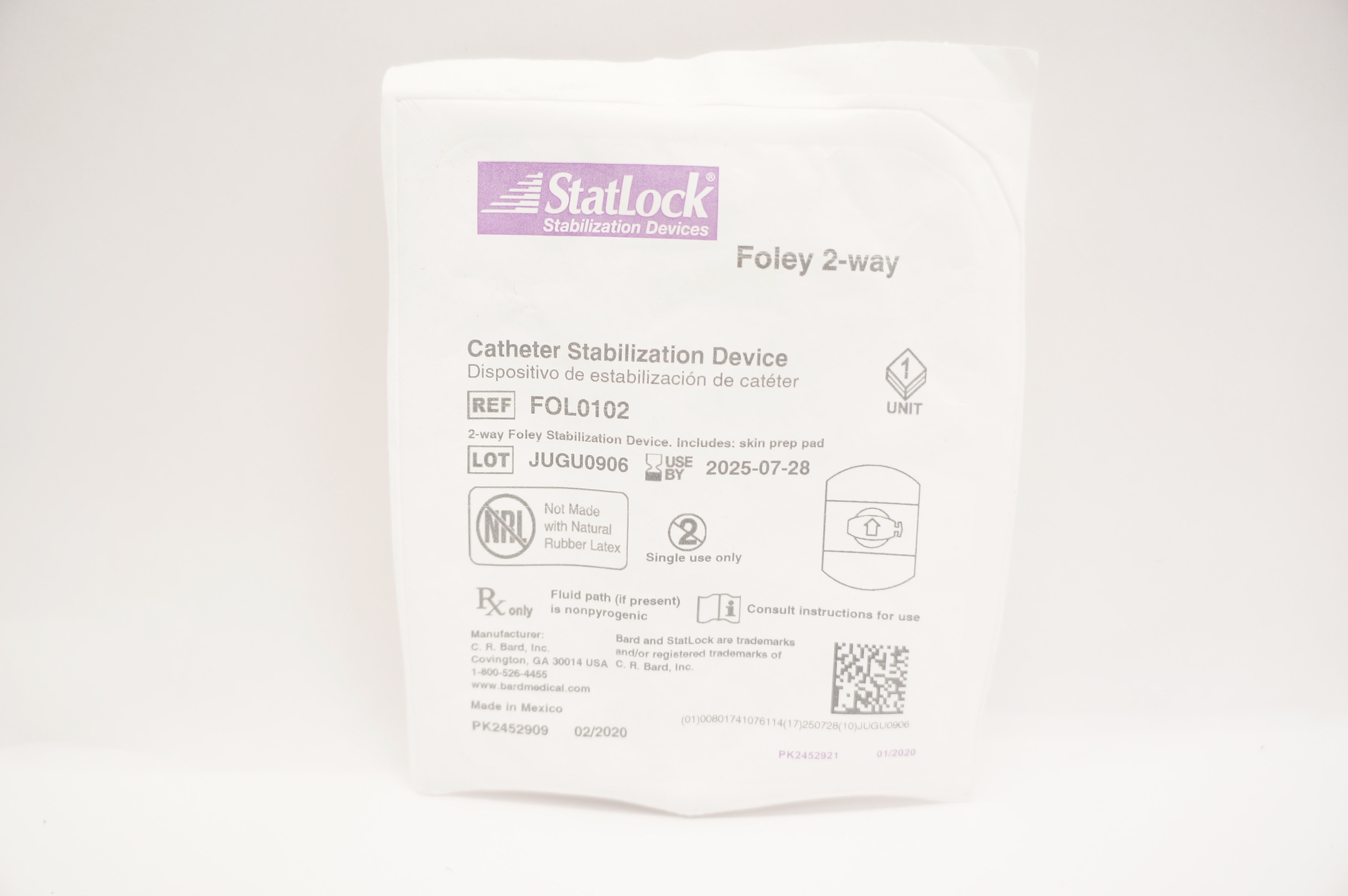 Bard FOL0102 StatLock Cath. Stabilization Device Foley 2-way