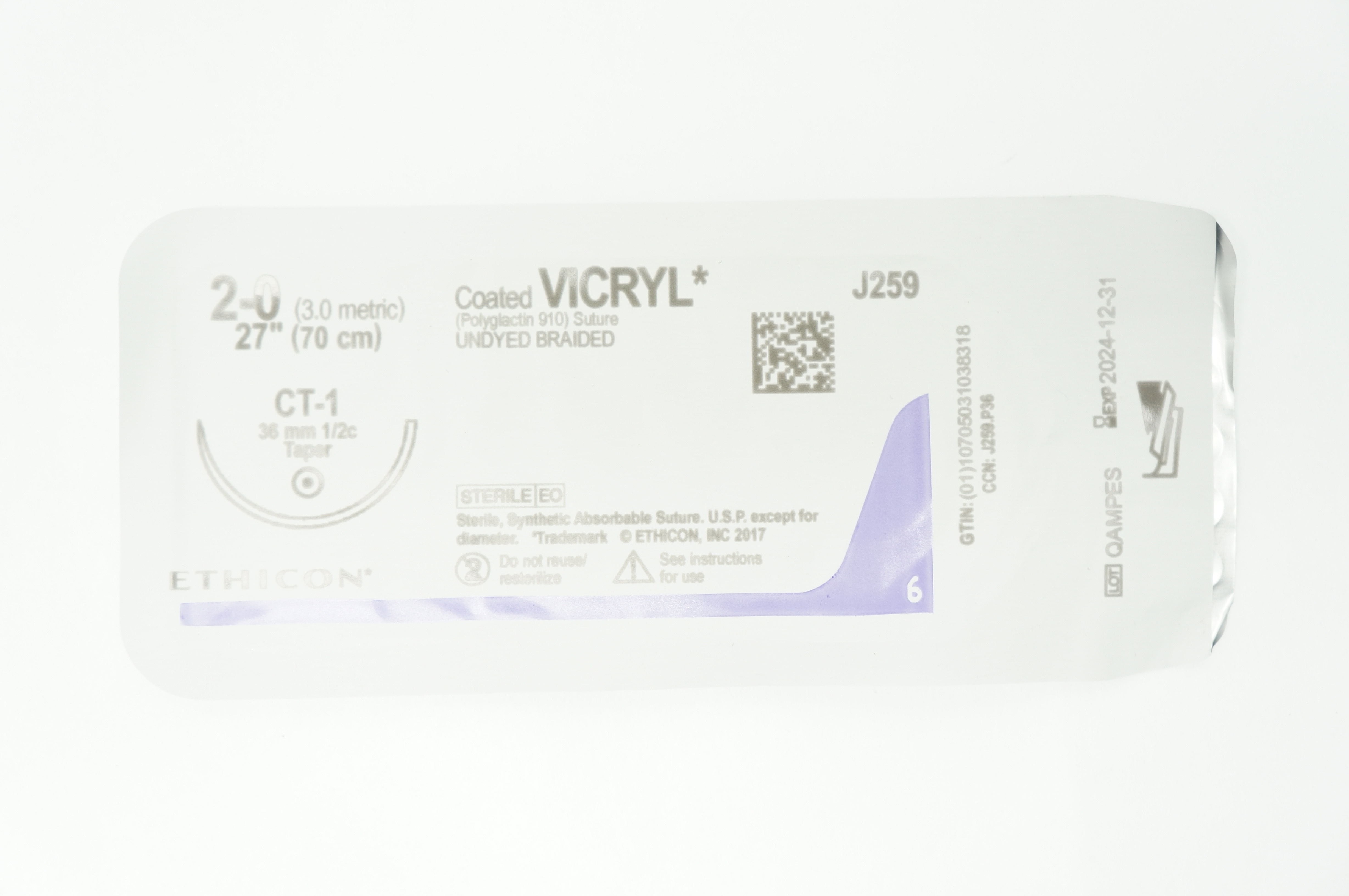 Ethicon J259 2-0 VICRYL CT-1 36mm 1/2c Taper 27inch