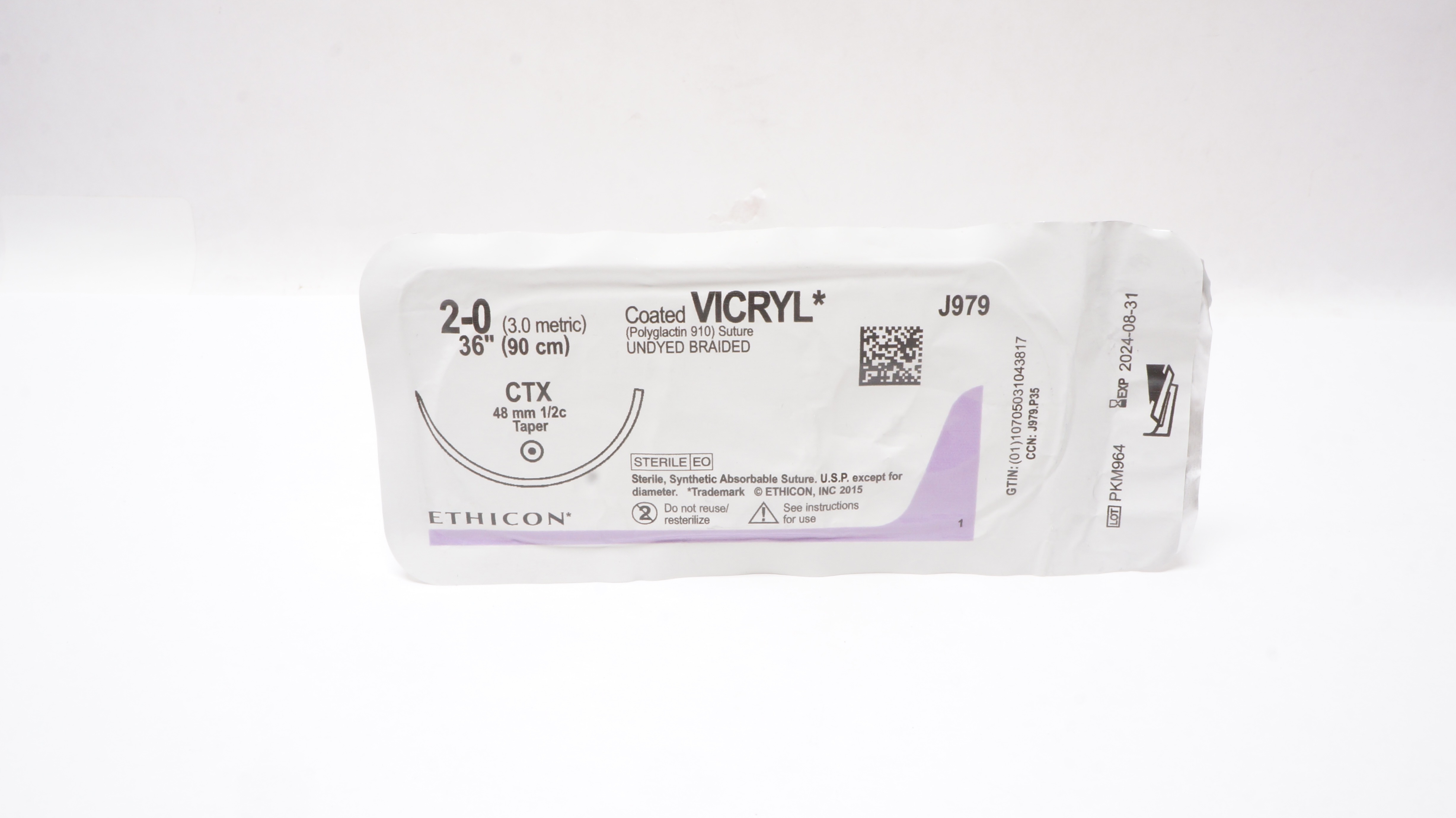 Ethicon J979 2-0 Coated VICRYL Polyglactin Stre CTX 48mm 1/2c Taper 36inch