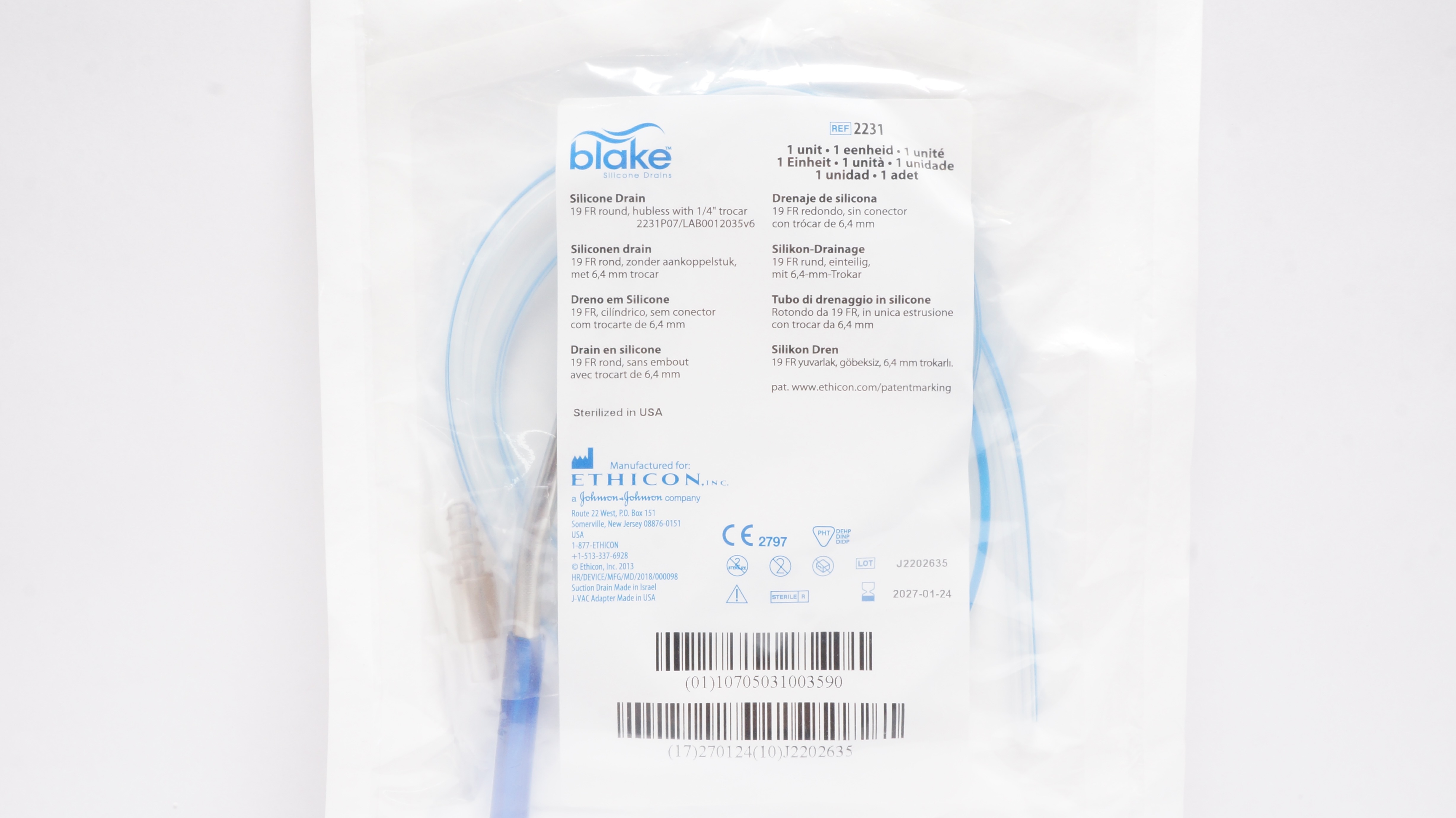 Ethicon 2231 Blake Silicone Drain Round, Hubless w/1/4Trocar 19Fr