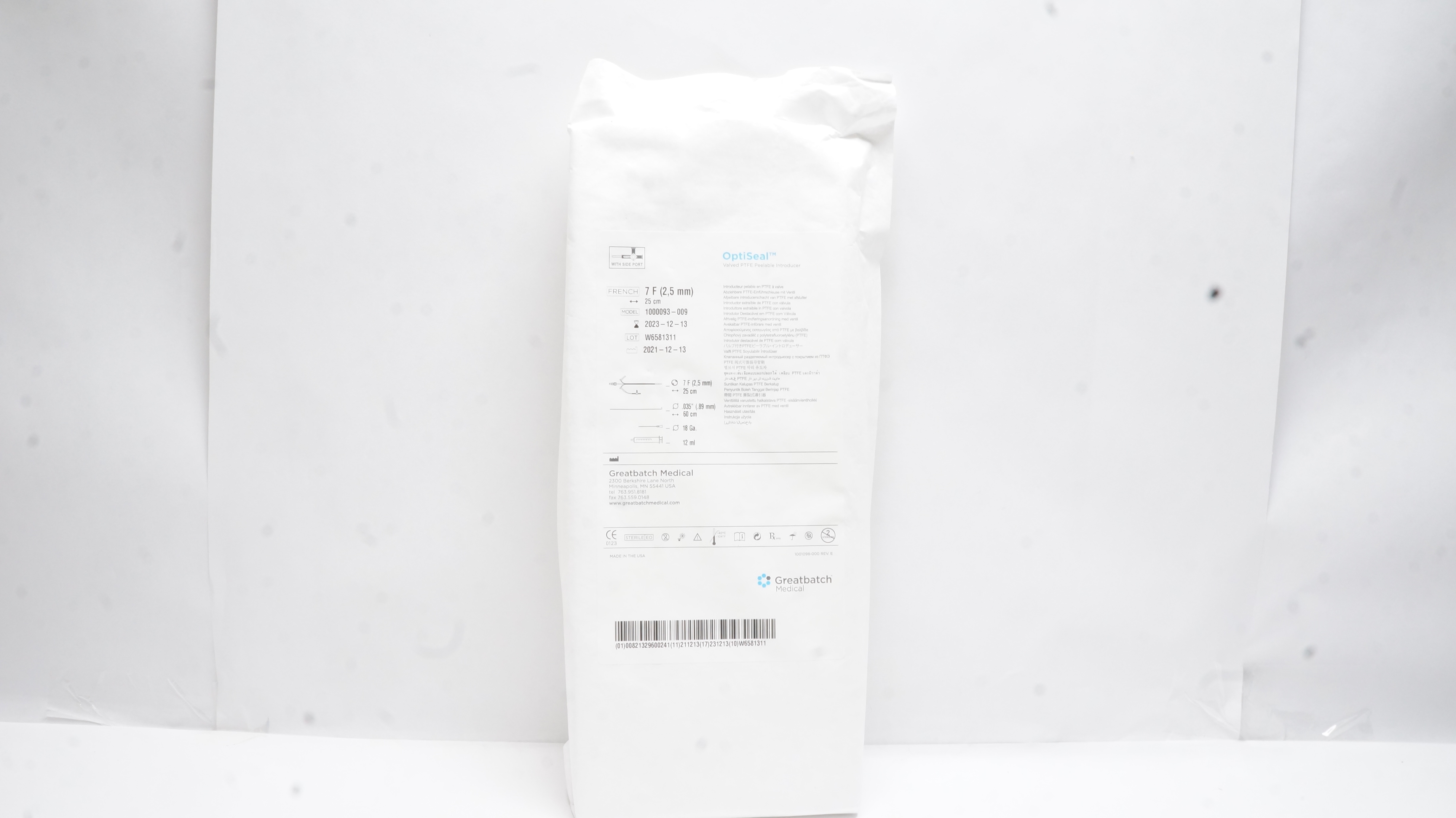 Greatbatch Medical 1000093-009 OptiSeal Valved PTFE Peelable Introducer 7F (x)