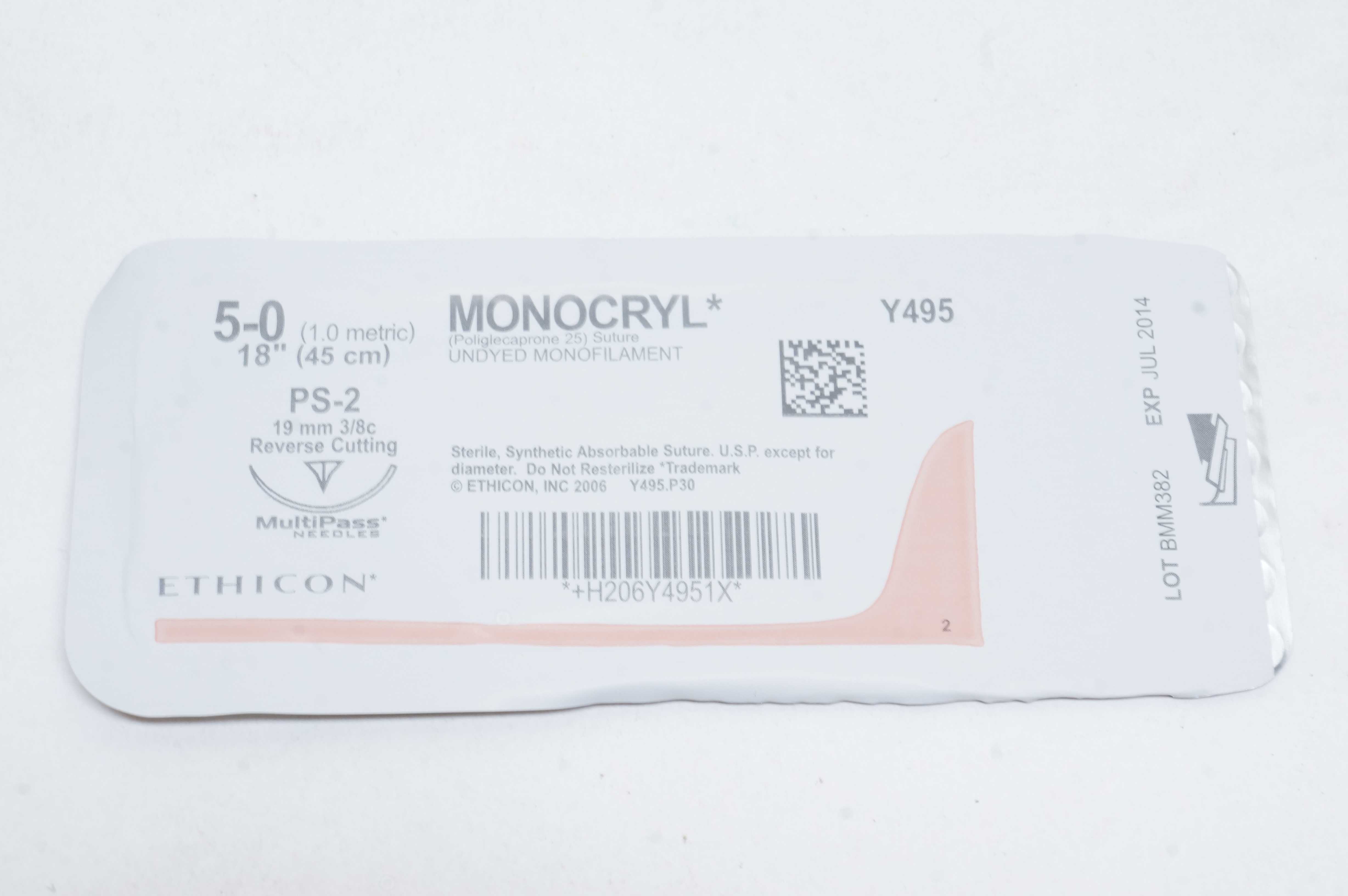 Ethicon Y495 5-0 MONOCRYL, PS-2, 19mm 3/8c Reverse Cutting, 18inch (x)