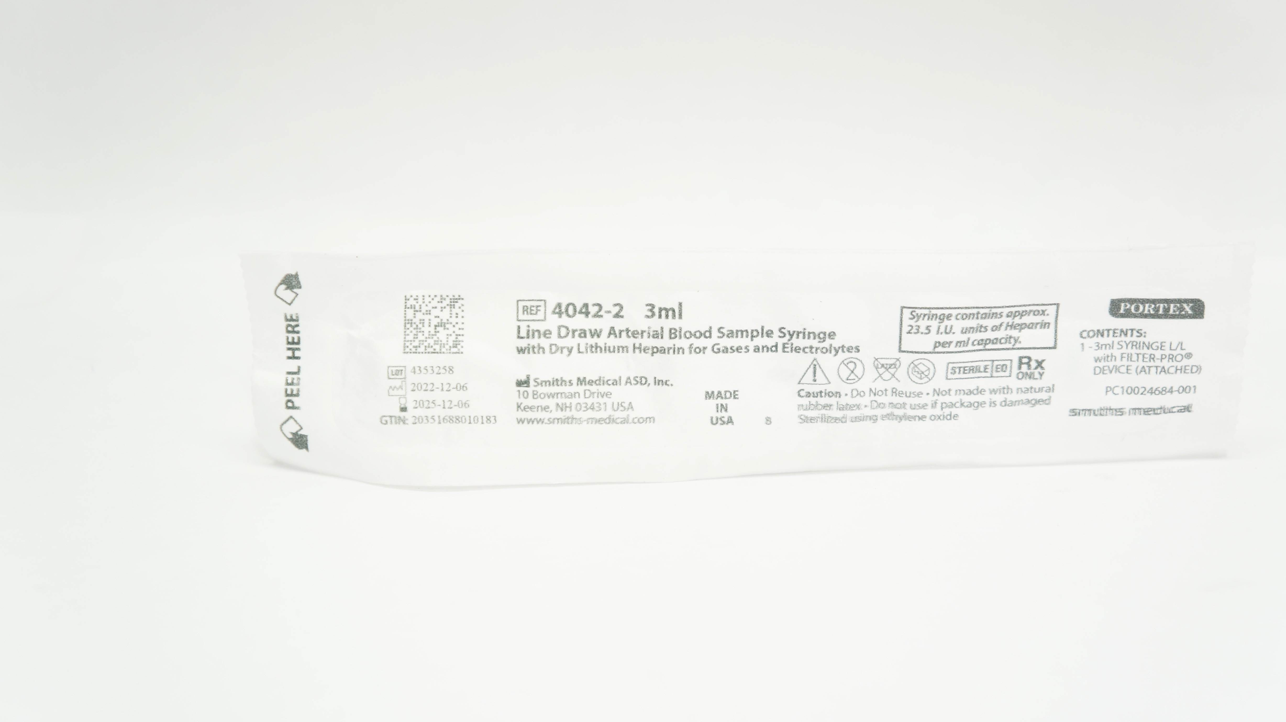 Smiths Medical 4042-2 Portex Line Draw Arterial Blood Sample Syringe, 3ml