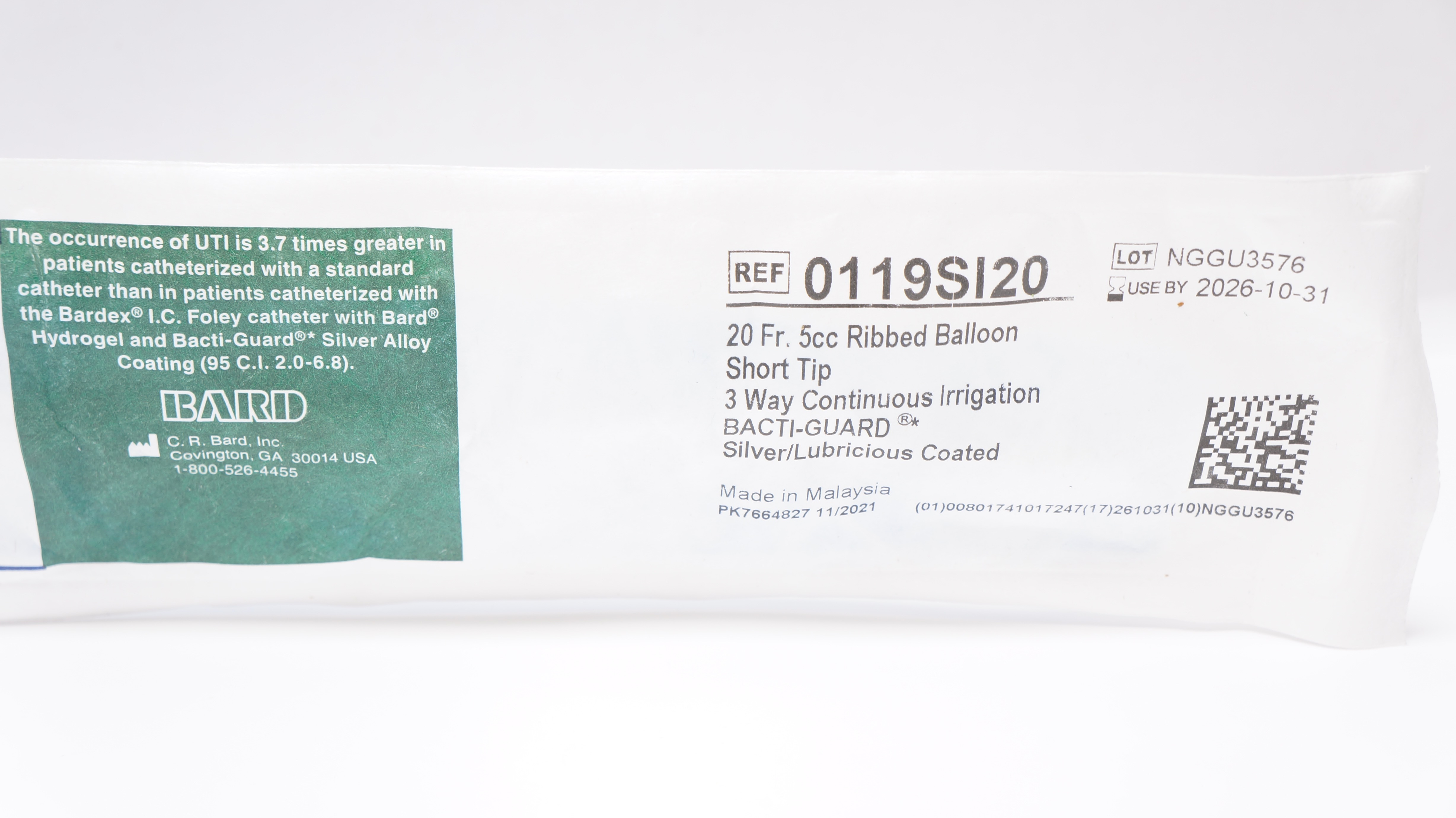 Bard 0119SI20 Bardex I.C. Anti-Infective Foley Cath. 20Fr 5cc Ribbed Balloon