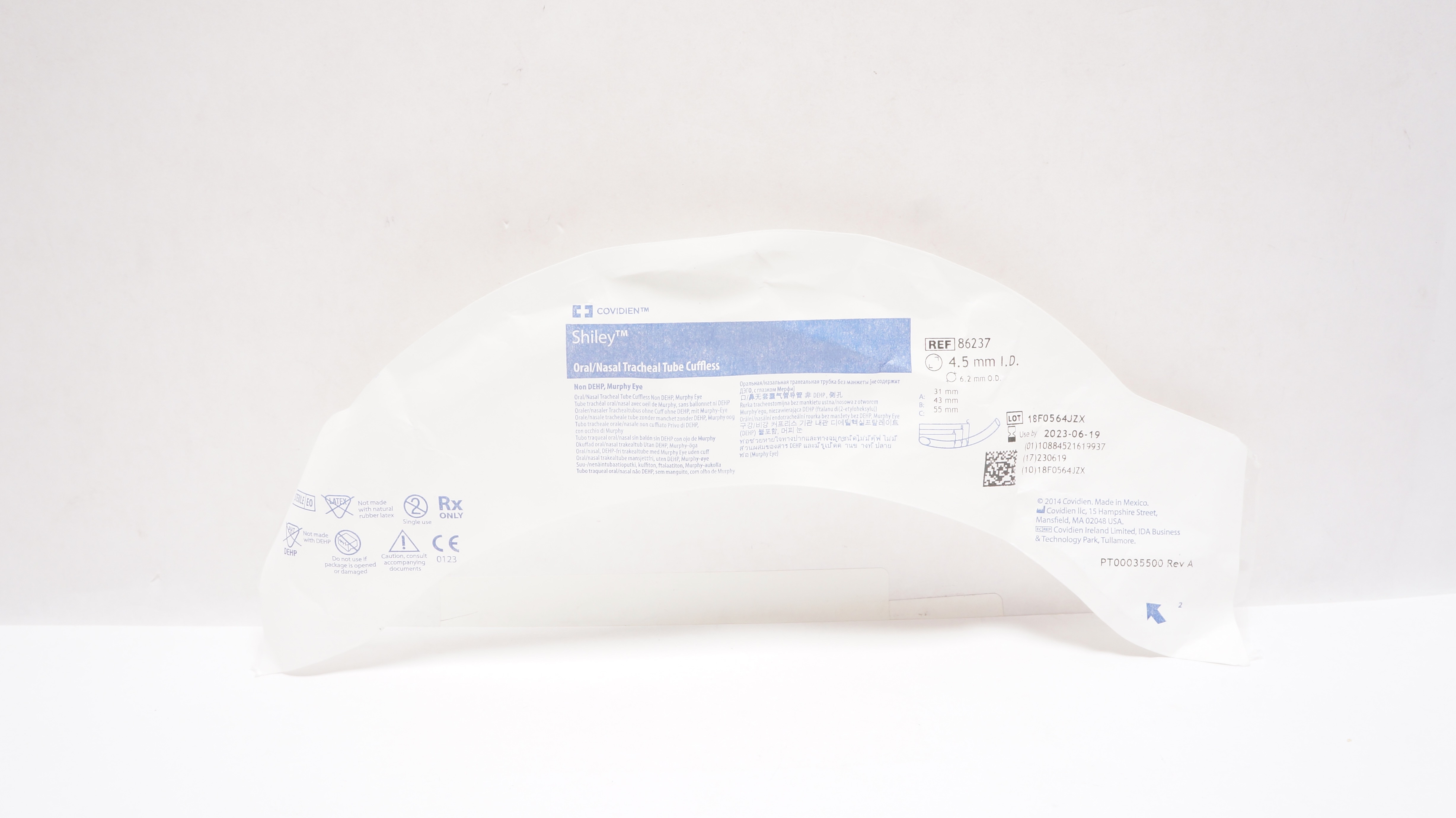 Covidien 86237 Shiley Oral/Nasal Tracheal Tube Cuffless 4.5mm x 6.2mm