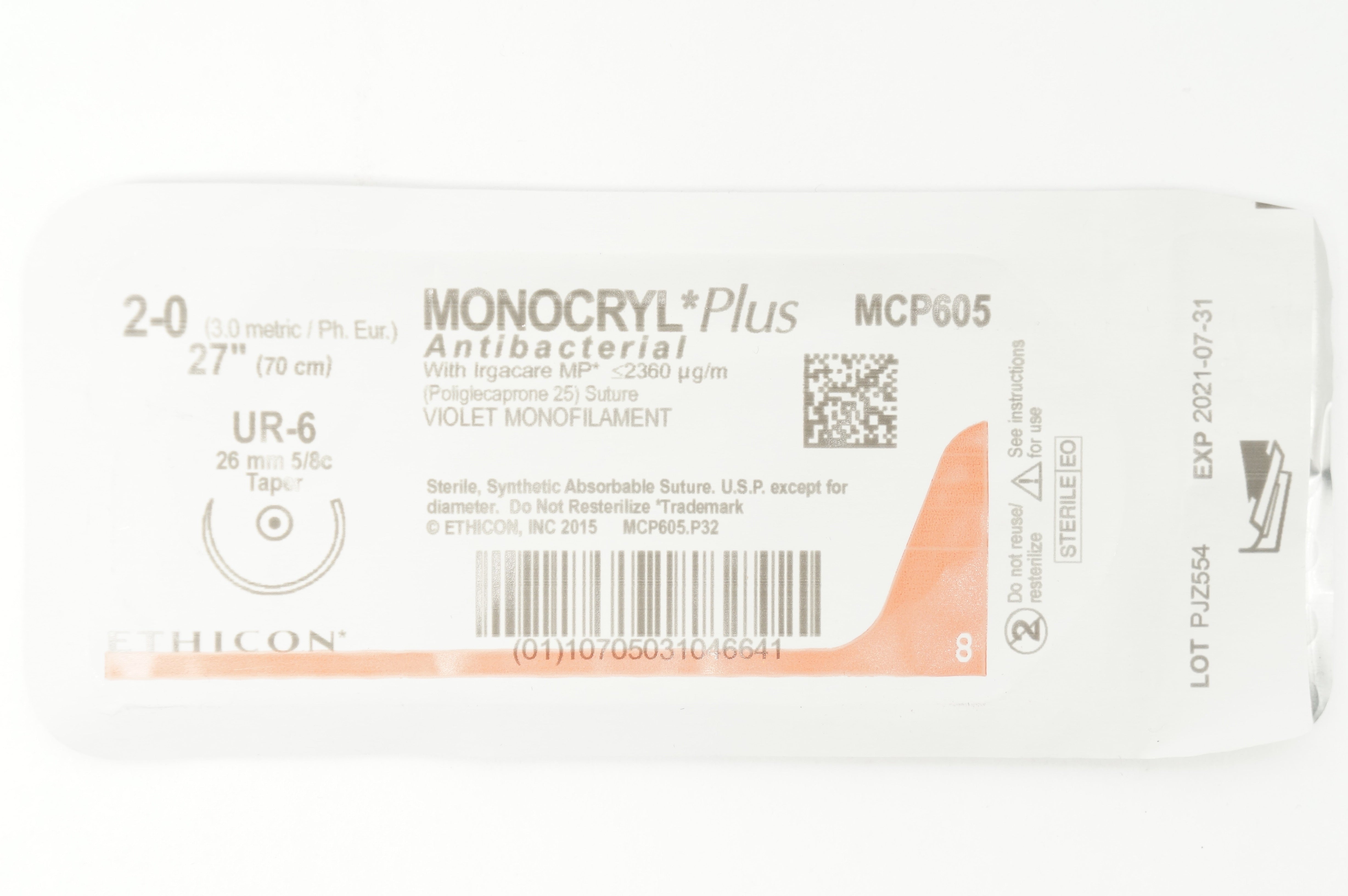 Ethicon MCP605 2-0 MONOCRYL Plus Stre UR-6 26mm 5/8c Taper, 27inch (x)