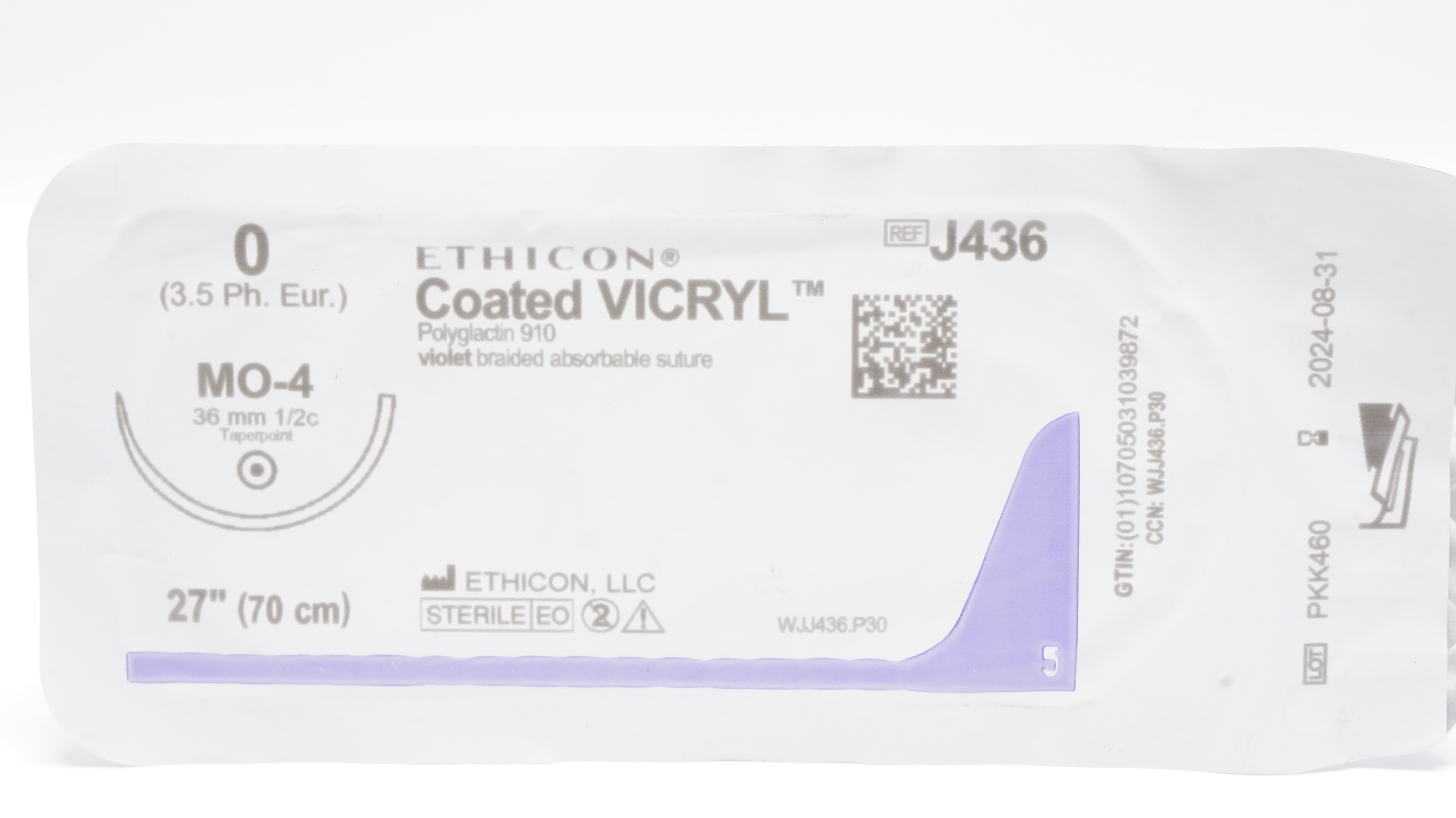 Ethicon J436 0 Coated VICRYL Polyglactin Stre MO-4 36mm 1/2c Taperpoint 27inch(x)