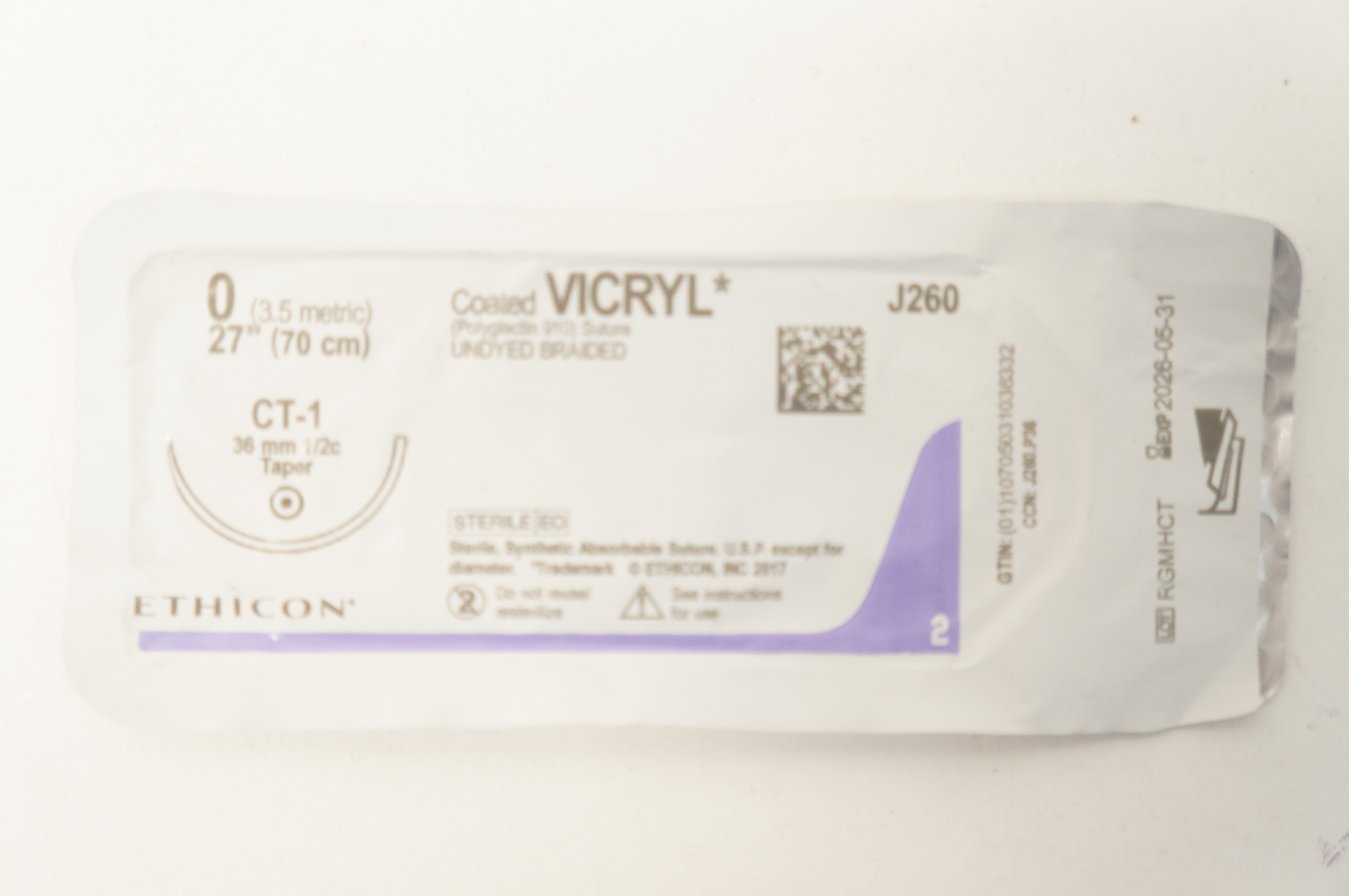 Ethicon J260 0 Coated VICRYL Undyed Braided CT-1, 36mm 1/2c Taper, 27inch