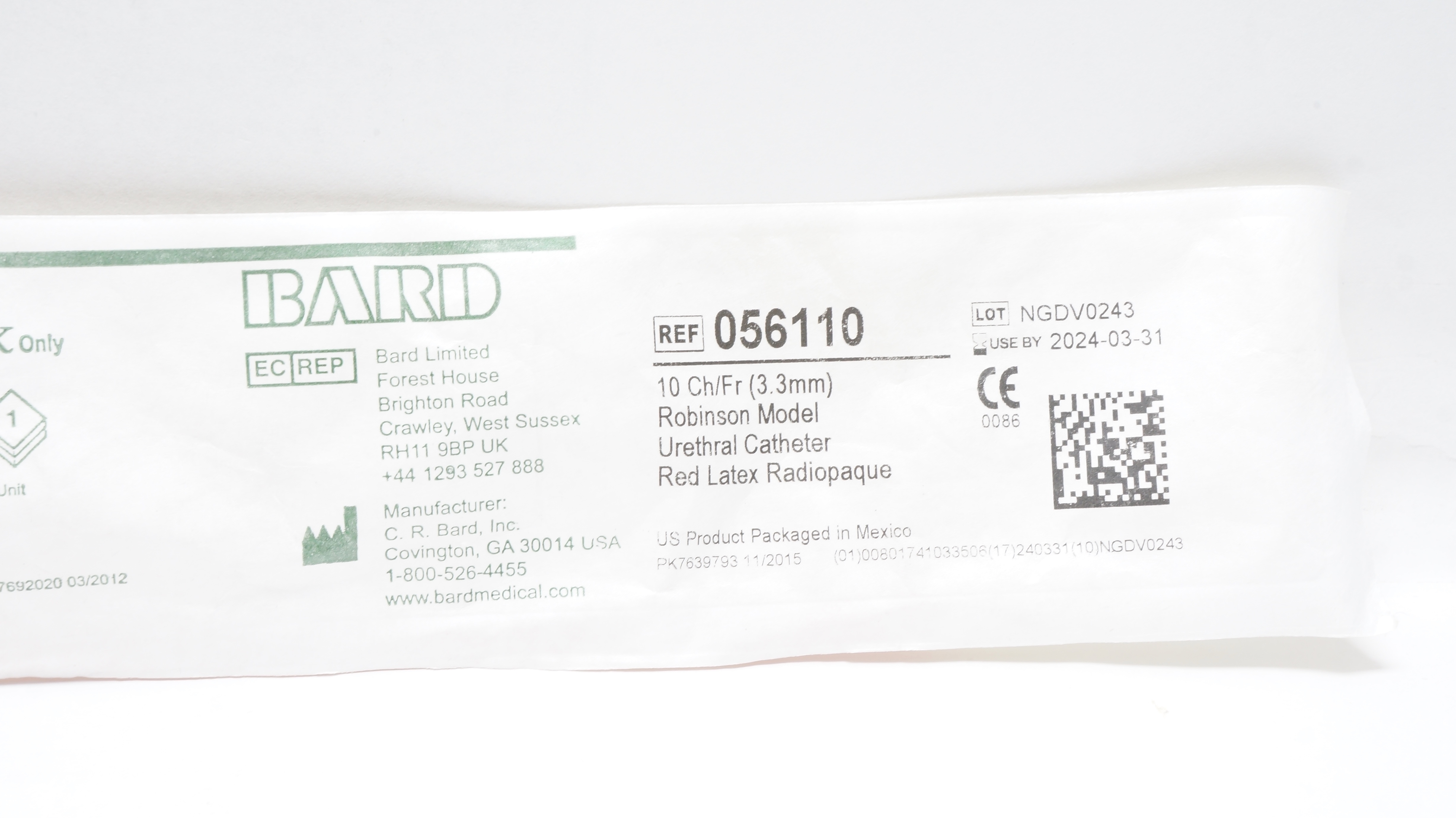 Bard 056110 Urethral Cath. 10Ch/Fr Robinson Model (x)