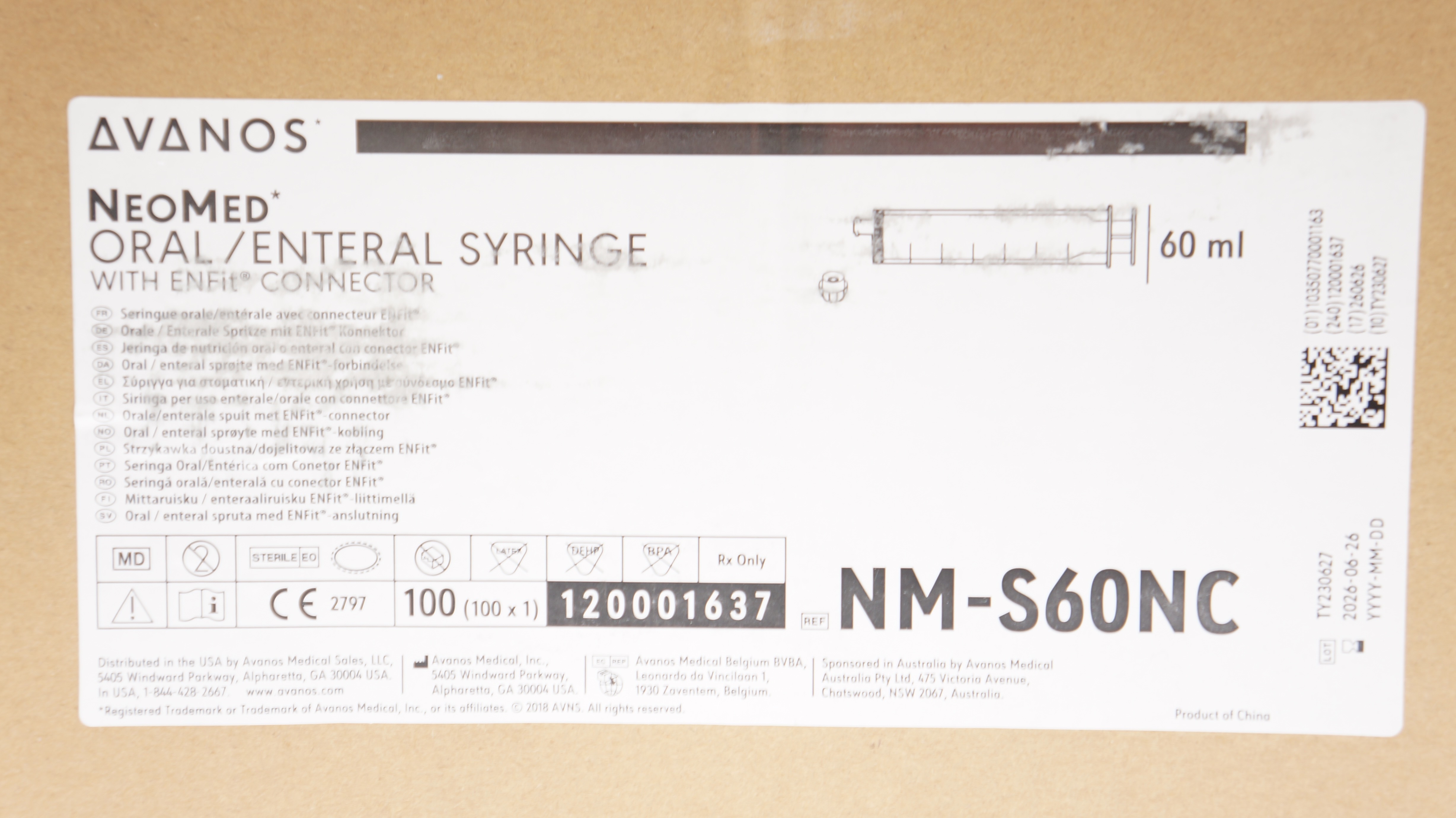 Avanos PNM-S60NC NeoMed Oral/Enteral Syringe w/ENFIT Connector 60mL - Box of 100