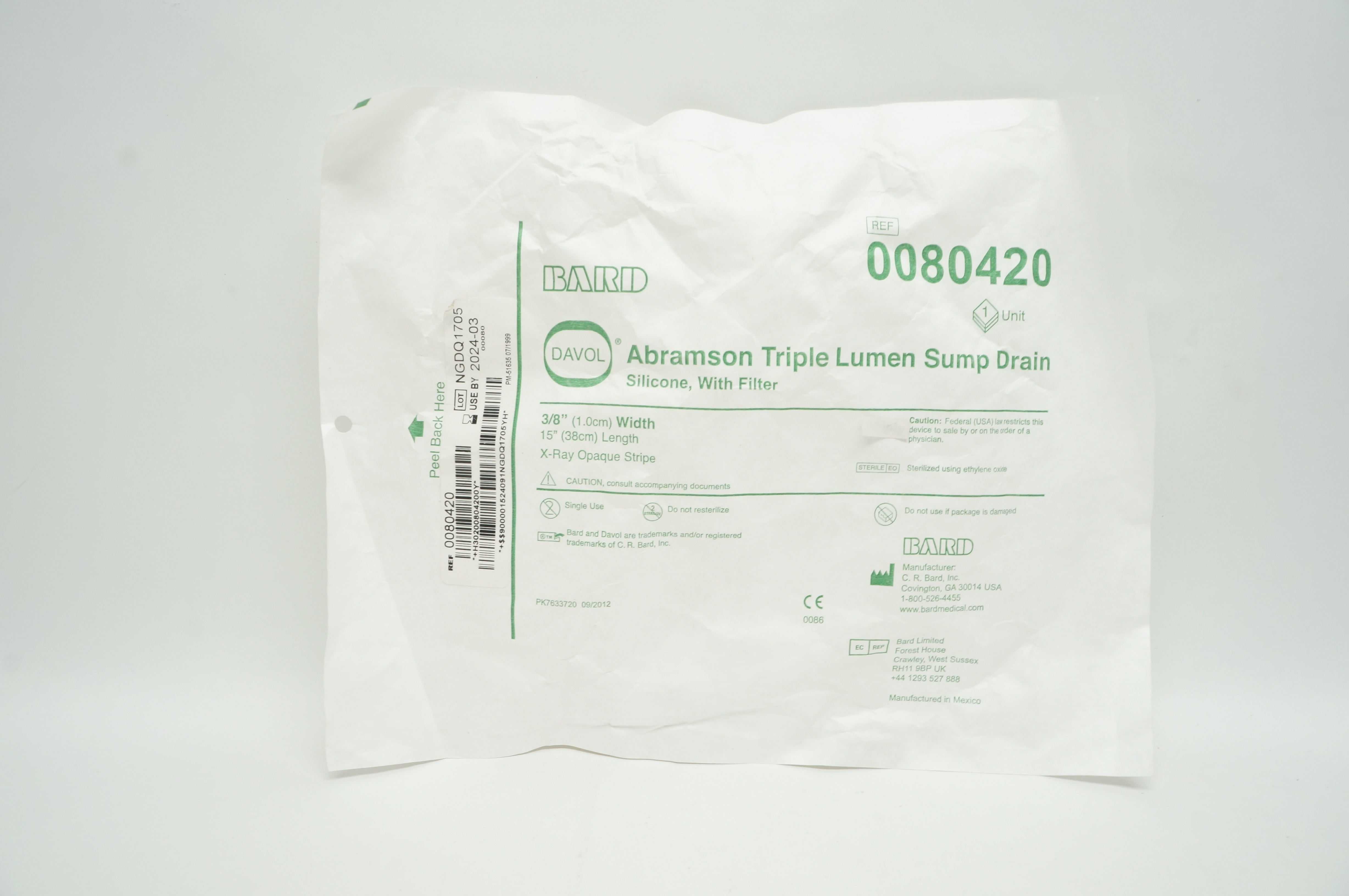 Bard 0080420 Davol Abramson Triple Lumen Sump Drain with Filter 3/8inch x 15inch