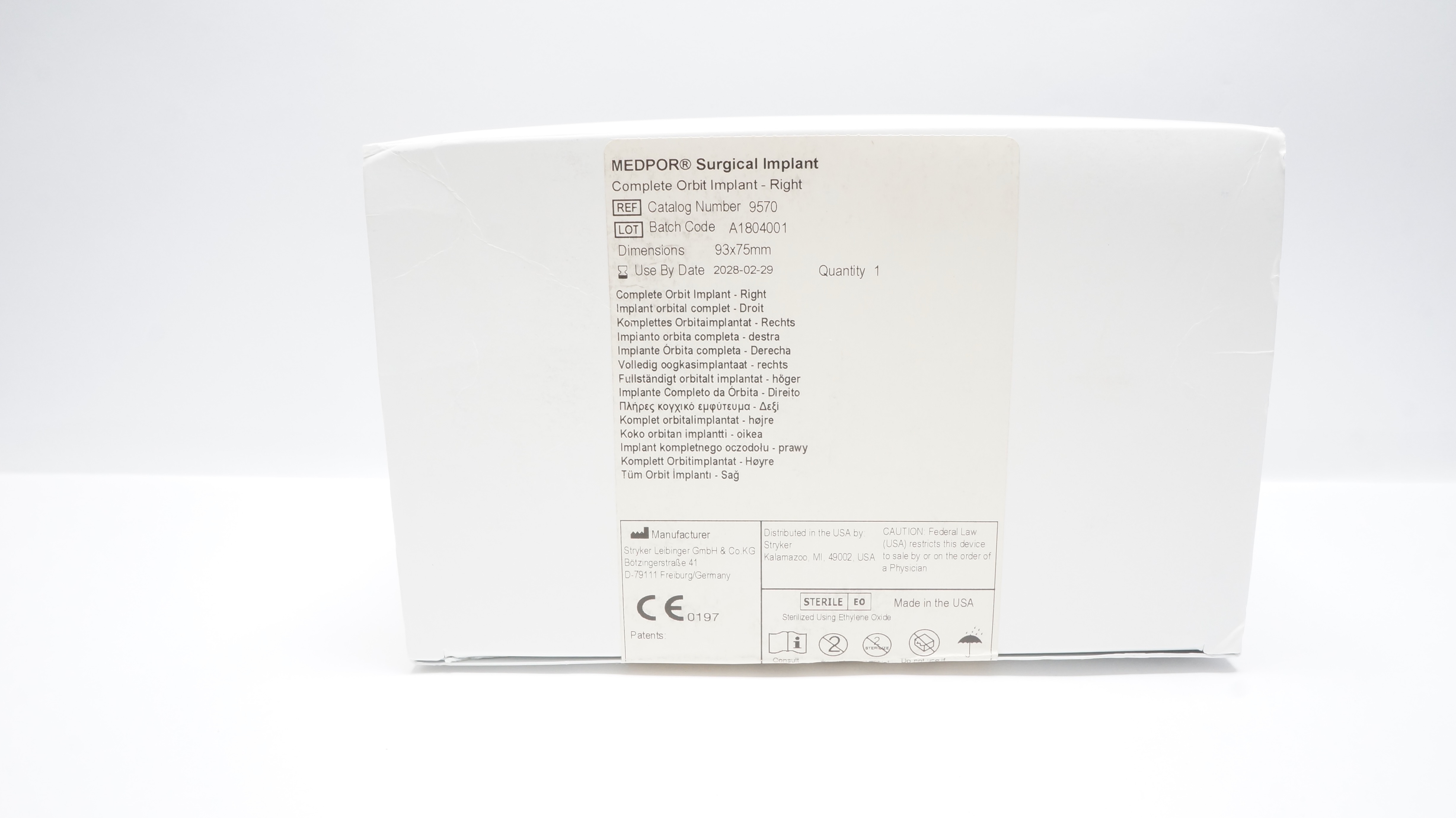 Stryker 9570 Medpor Surgical Implant, Complete Orbit - Right, 93 x 75mm