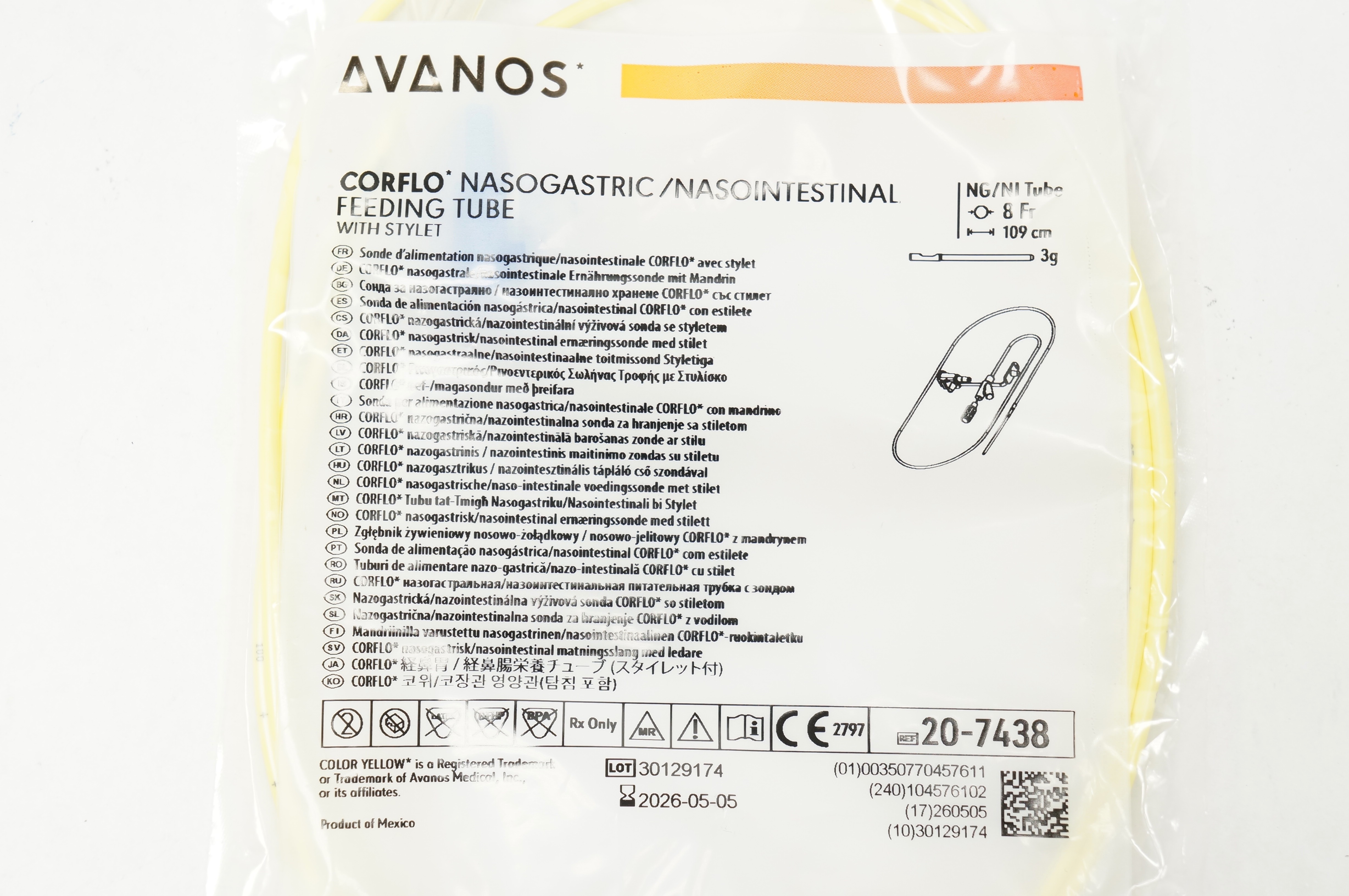 Avanos 20-7438 CORFLO Nasogastric/Nasointestinal Feeding Tube 8Fr x 109cm