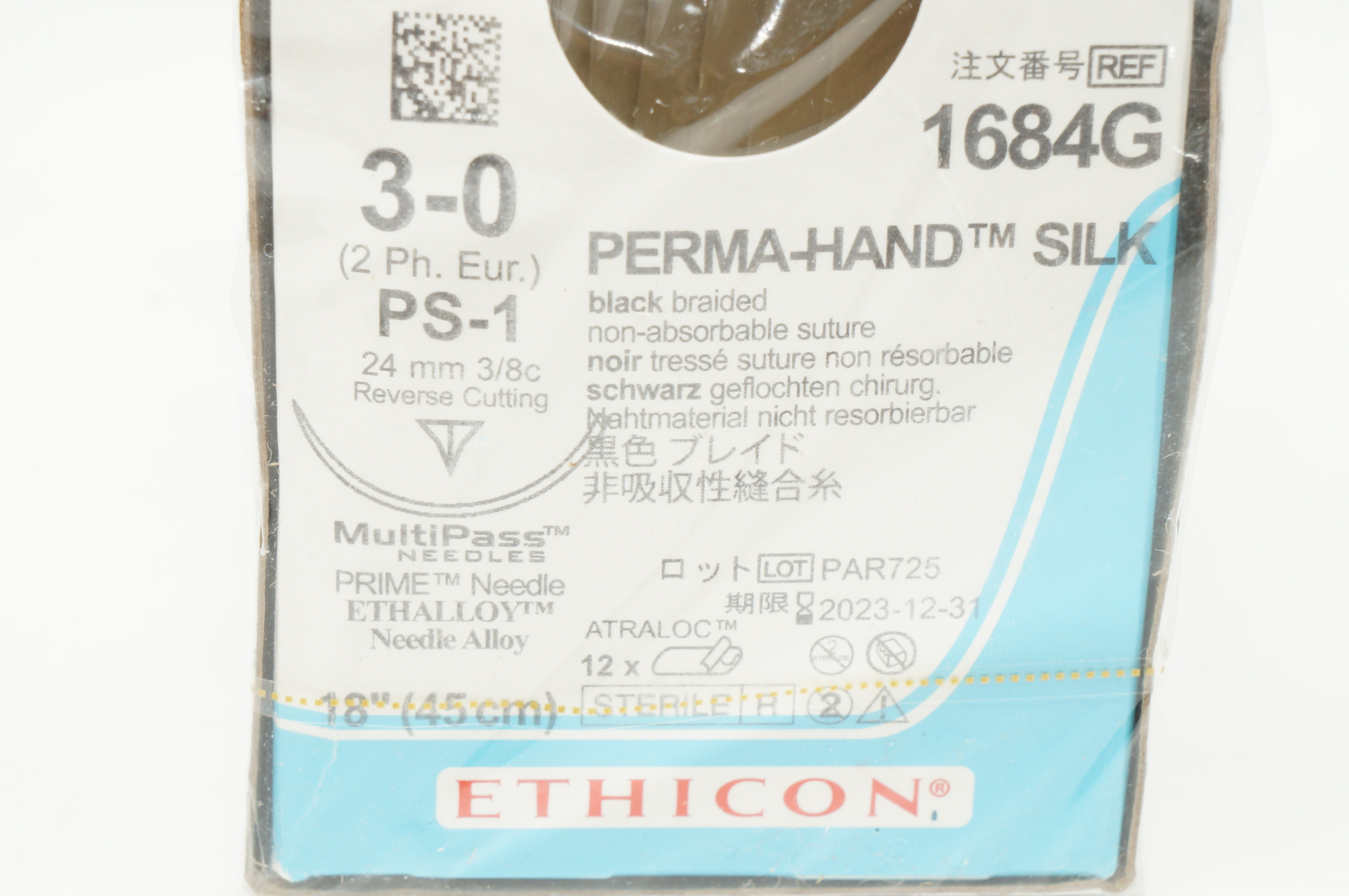 Ethicon 1684G 3-0 Perma-Hand Stre PS-1 24mm 3/8c Reverse Cutting 18inch-Box of 12
