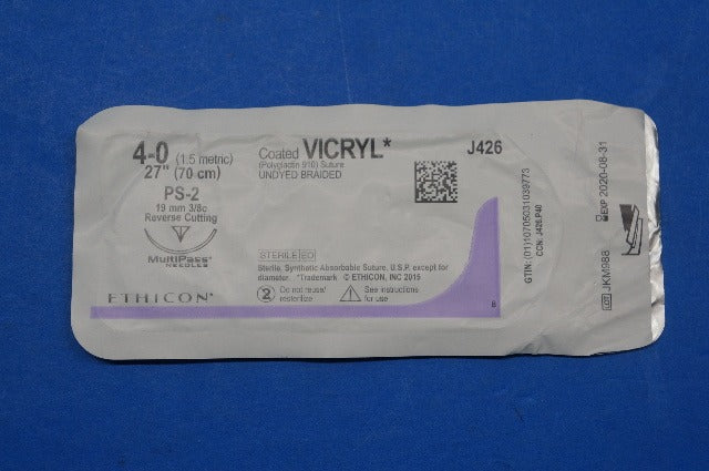 Ethicon J426 4-0 VICRYL, PS-2 19mm 3/8c Reverse Cutting, Undyed Braided, 27