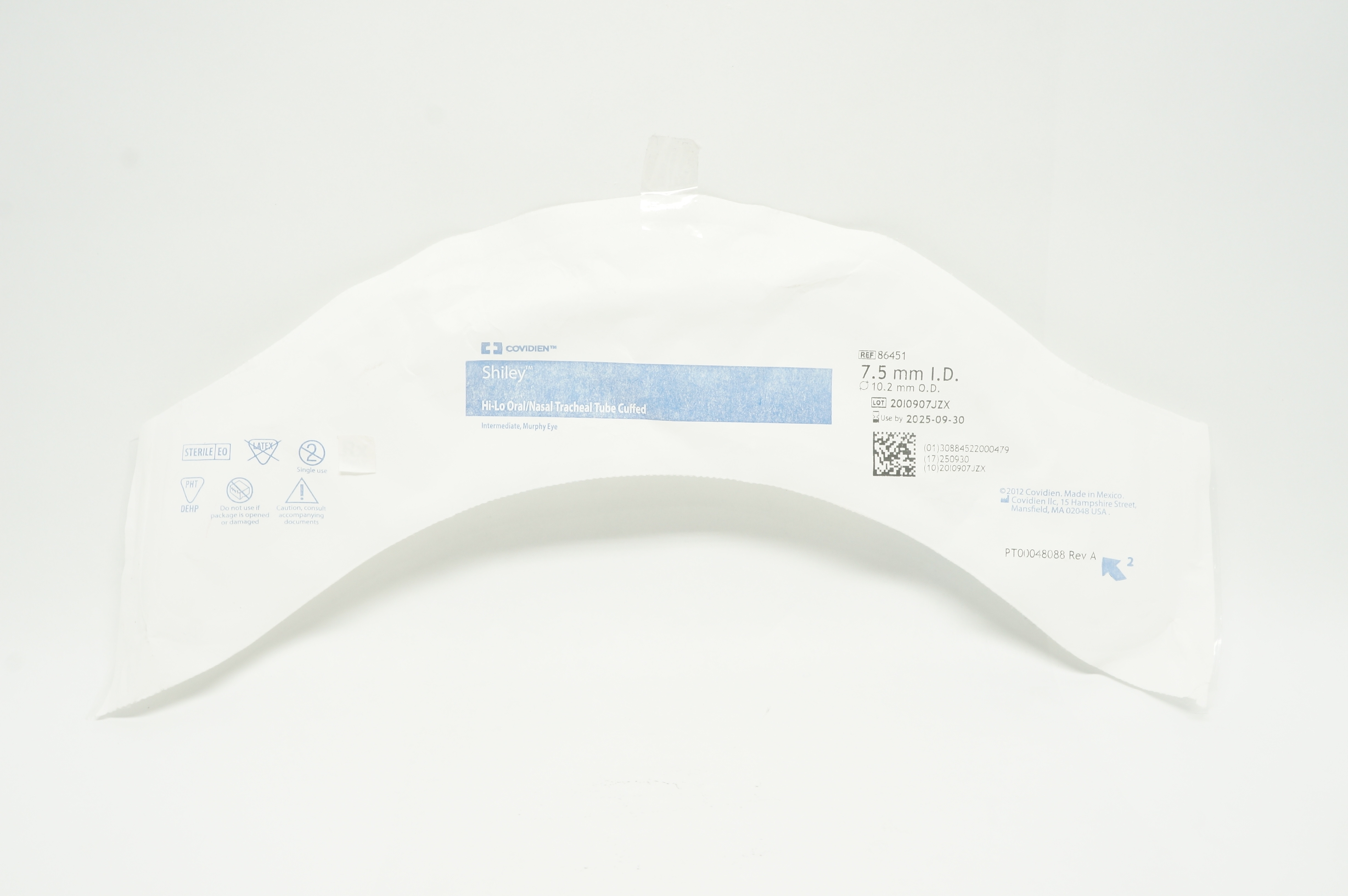 Covidien 86451 Shiley Hi-Lo Oral/Nasal Tracheal Tube Cuffed 7.5mm x 10.2mm