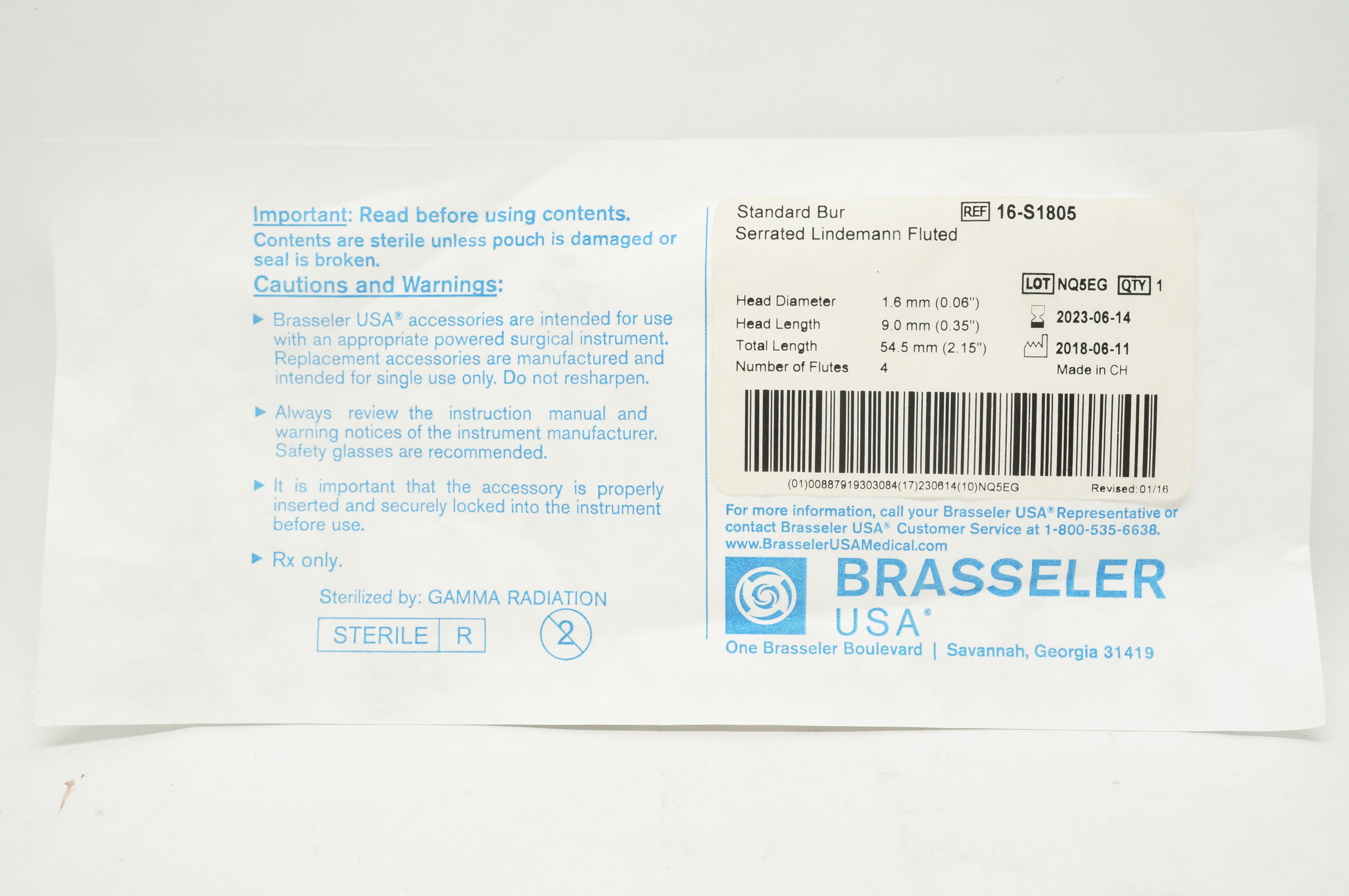 Brasseler 16-S1805 Standard Bur Serrated Lndemann Fluted 0.06inch x 0.35inch