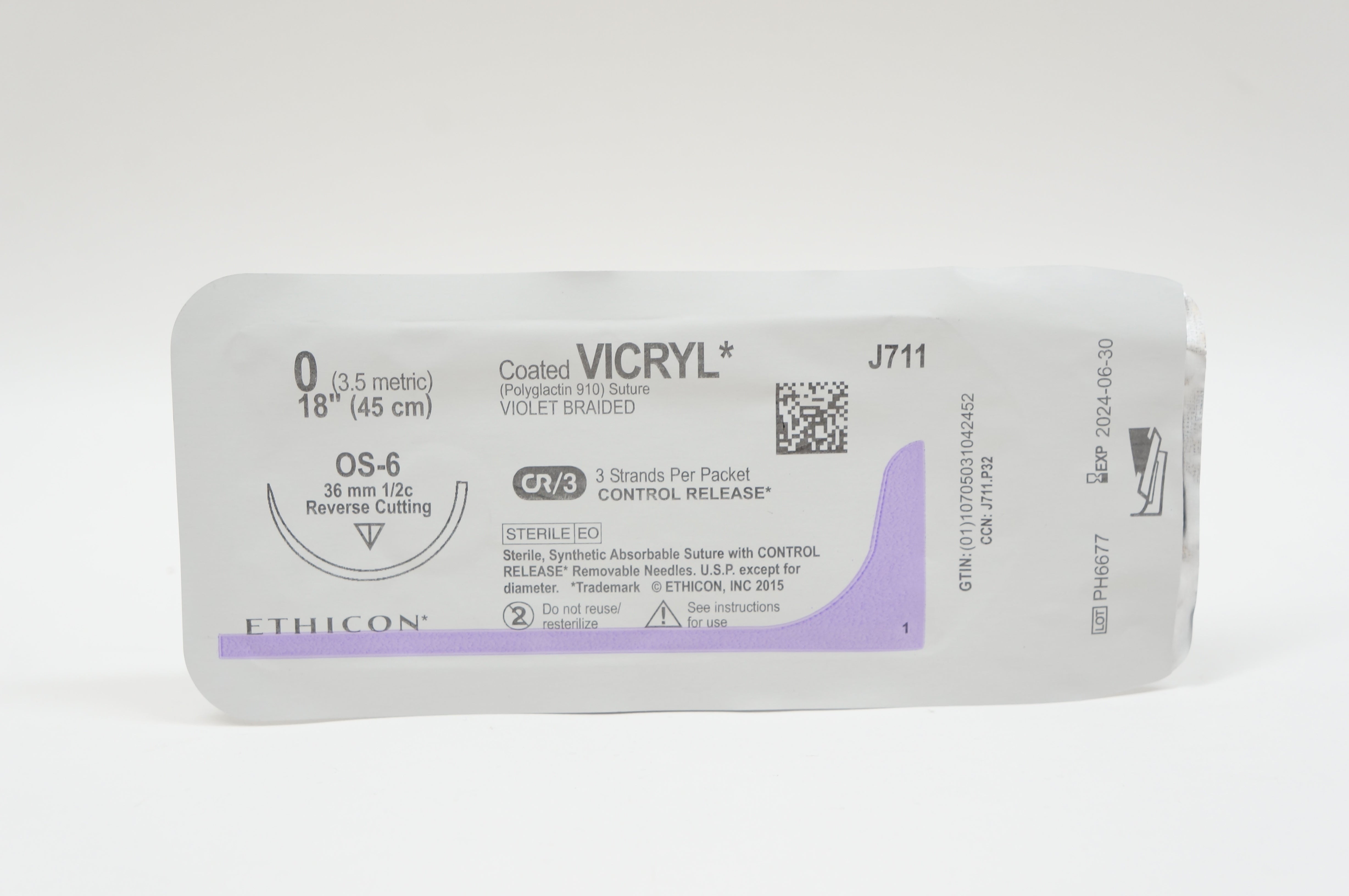 Ethicon J711 0 VICRYL, OS-6, 36mm 1/2c Reverse Cutting, 18inch