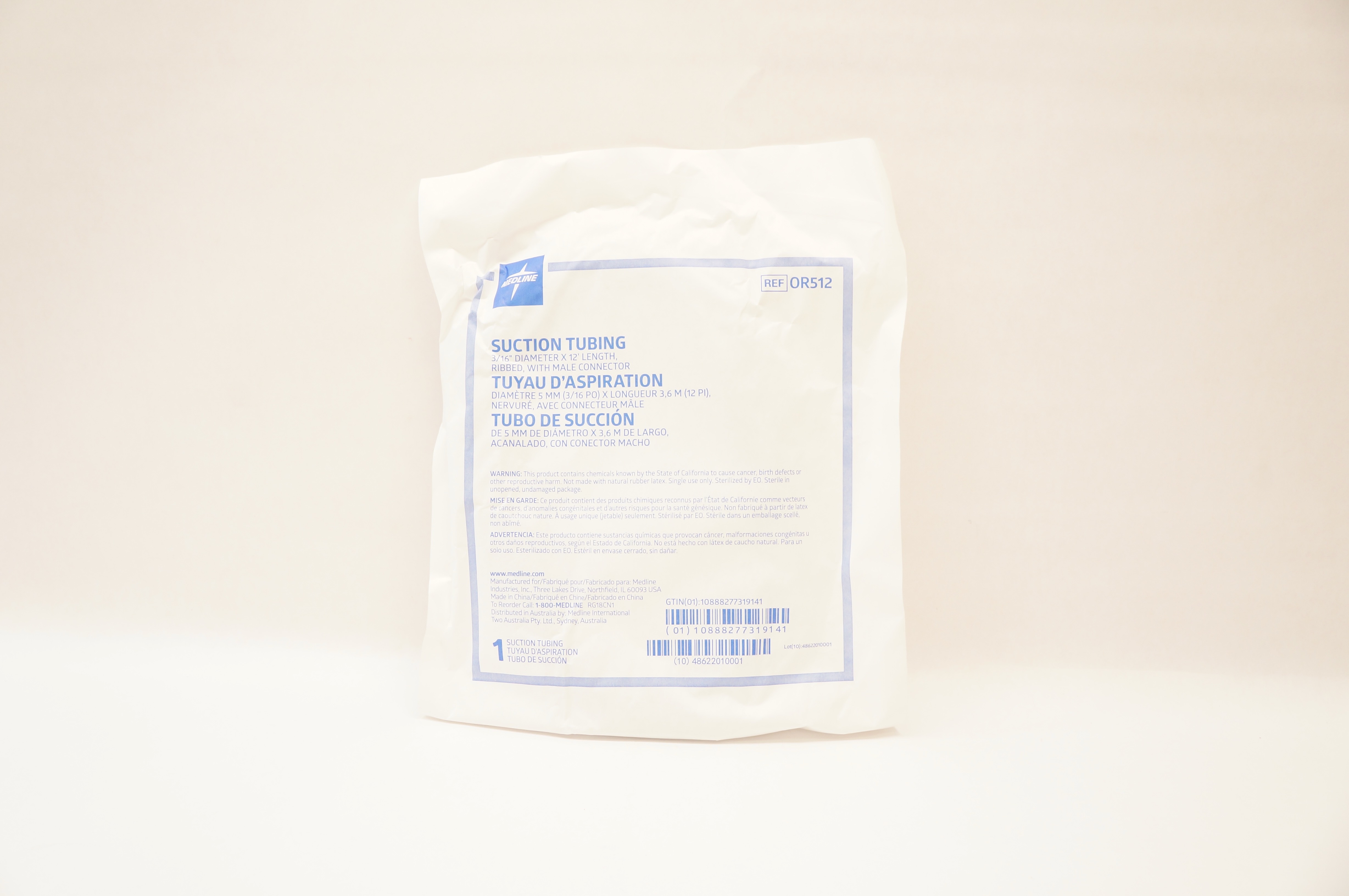 Medline OR512 Suction Tubing Ribbed, with Male Connector 3/16 inch x 12ft.