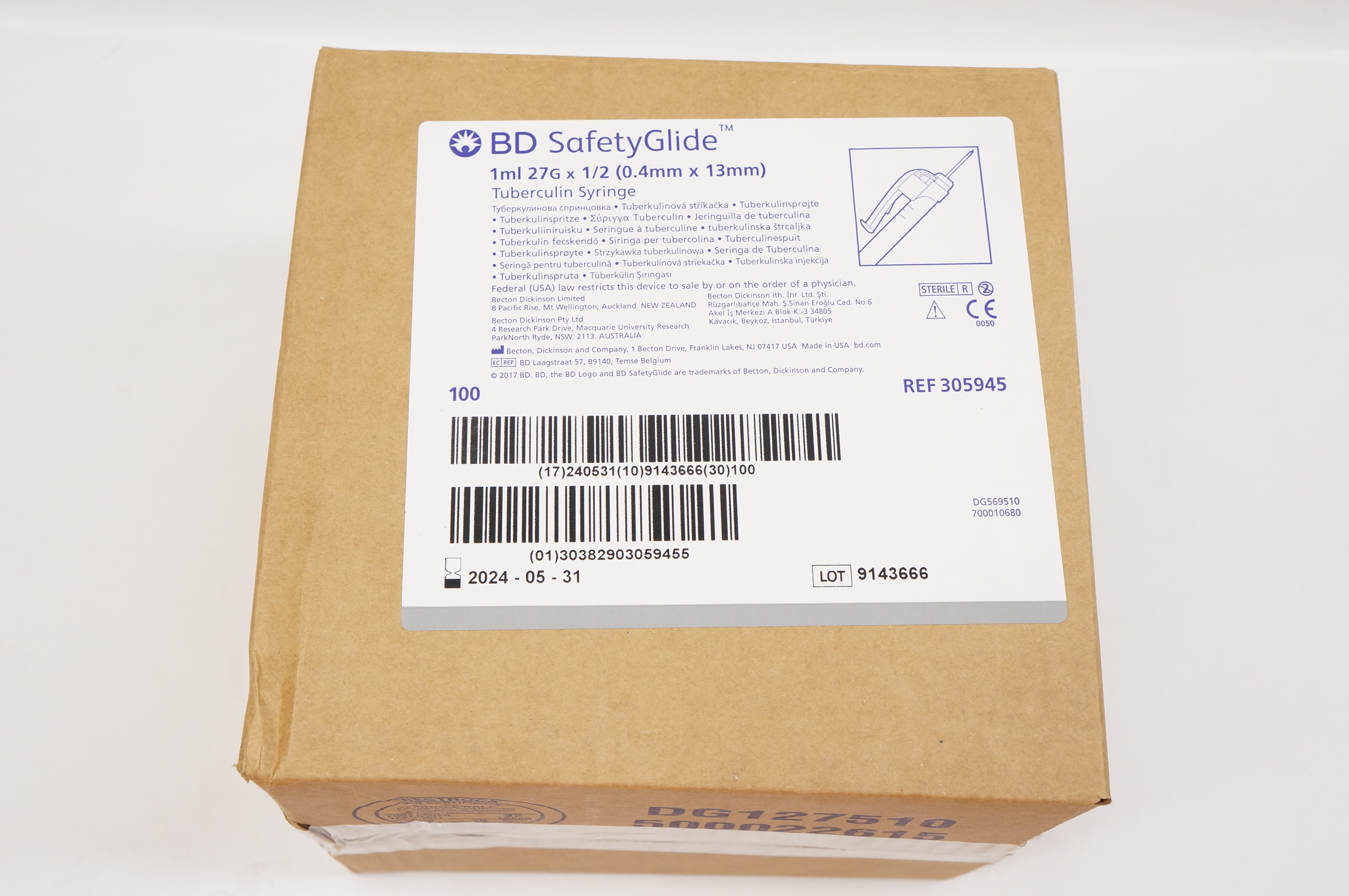 BD 305945 SafetyGlide Tuberculin Syringe, 1ml 27G x 1/2 - Box of 100