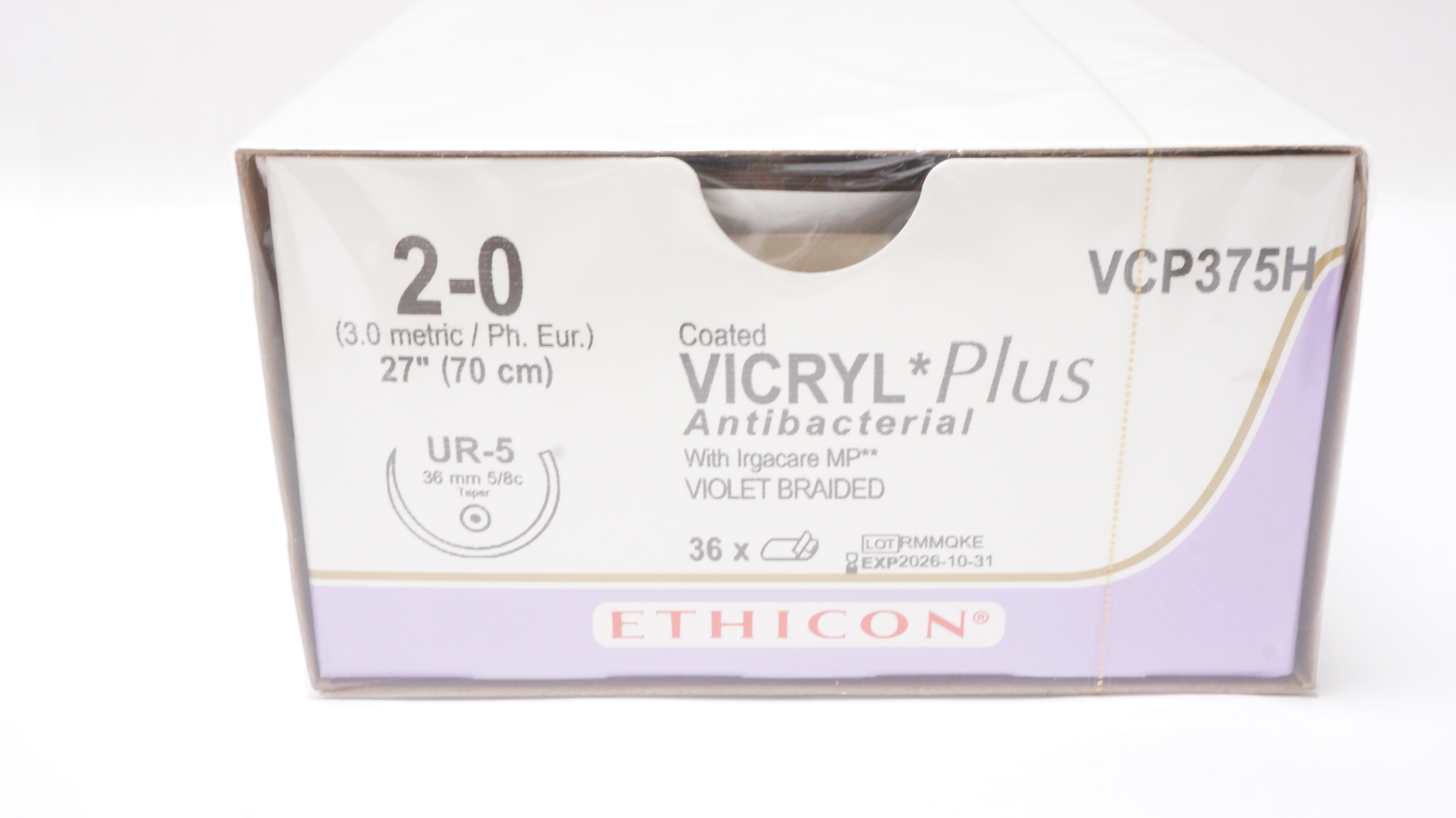 Ethicon VCP375H 2-0 VICRYL Plus, UR-5, 36mm 5/8c Taper, 27inch - Box of 36