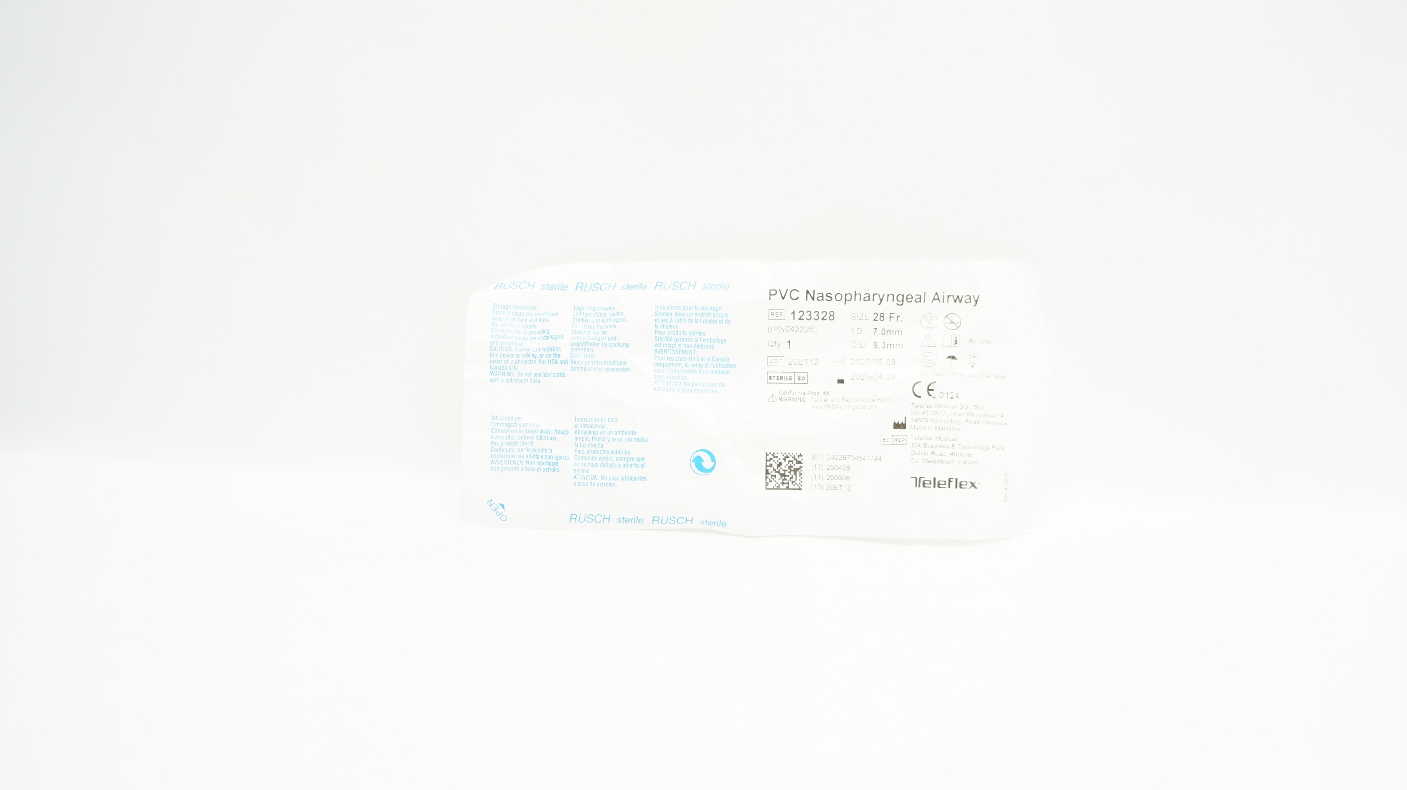 Teleflex 123328 Rusch PVC Nasopharyngeal Airway 28Fr. x ID 7.0mm x OD 9.3mm