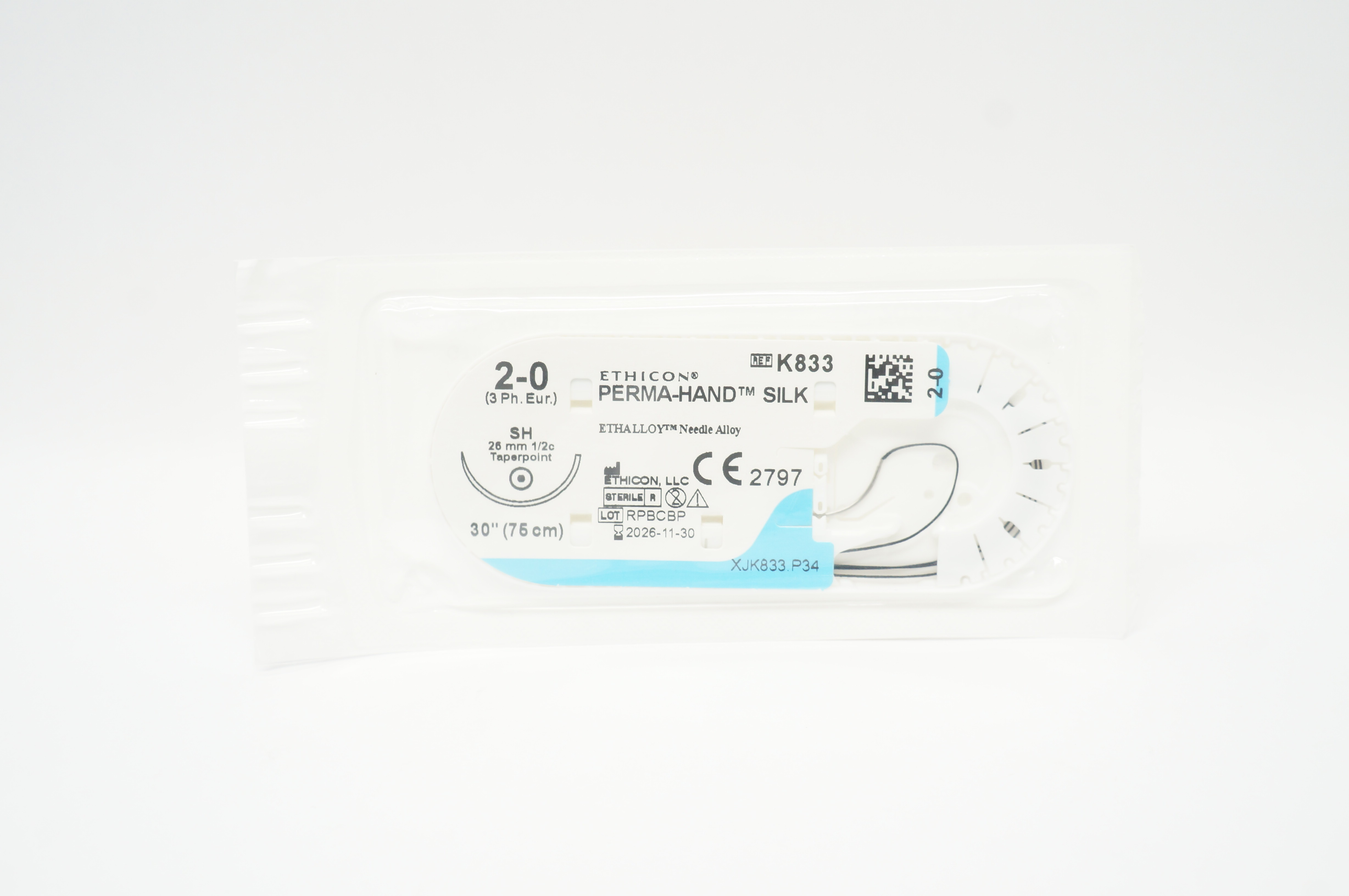 Ethicon K833 2-0 PERMA-HAND SILK Stre, SH 26mm 1/2c Taper, 30inch