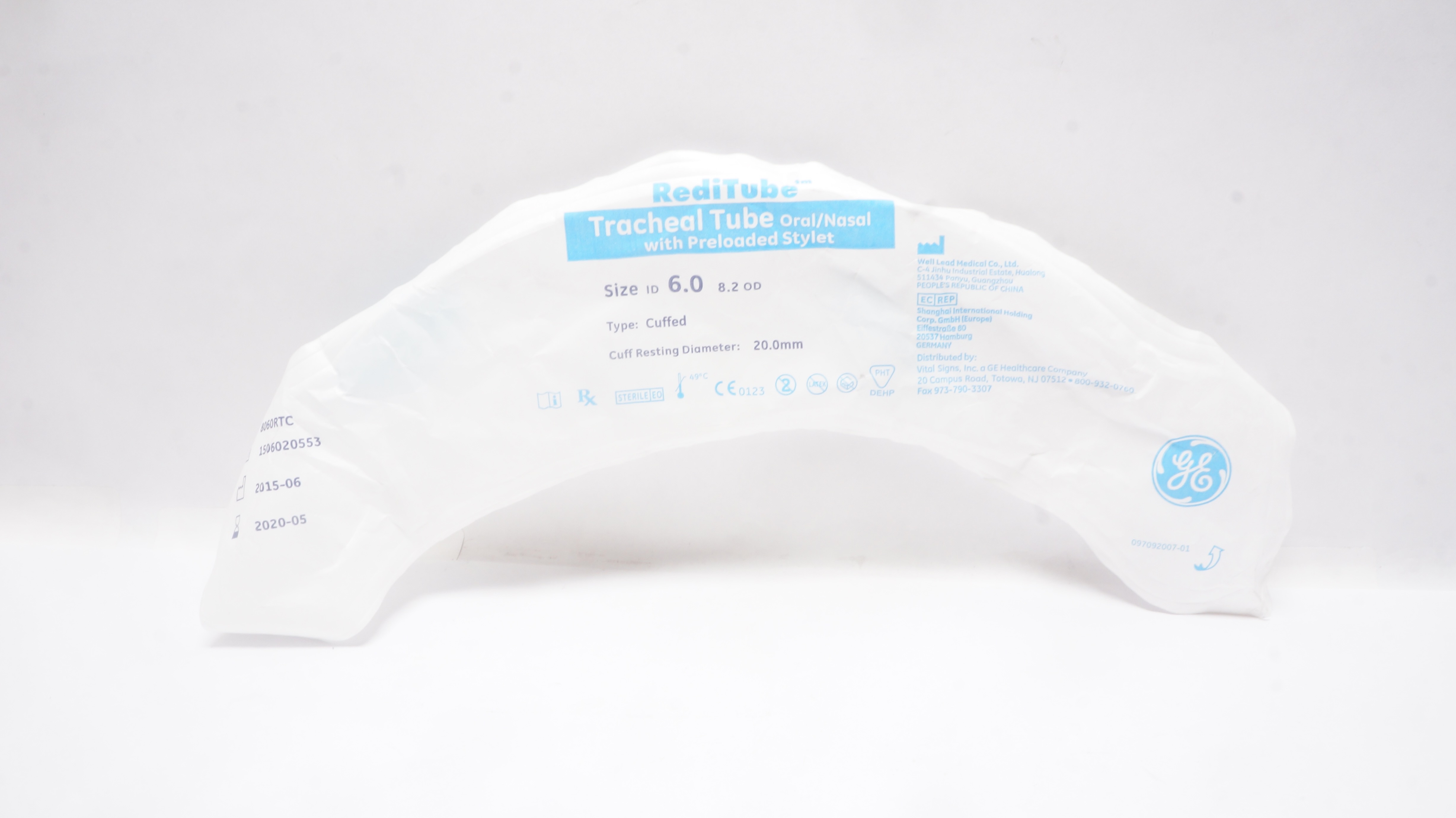 GE Medical 8060RTC RediTube Oral/Nasal Tracheal Tube 6.0 ID x 8.2 OD x 20mm(x)