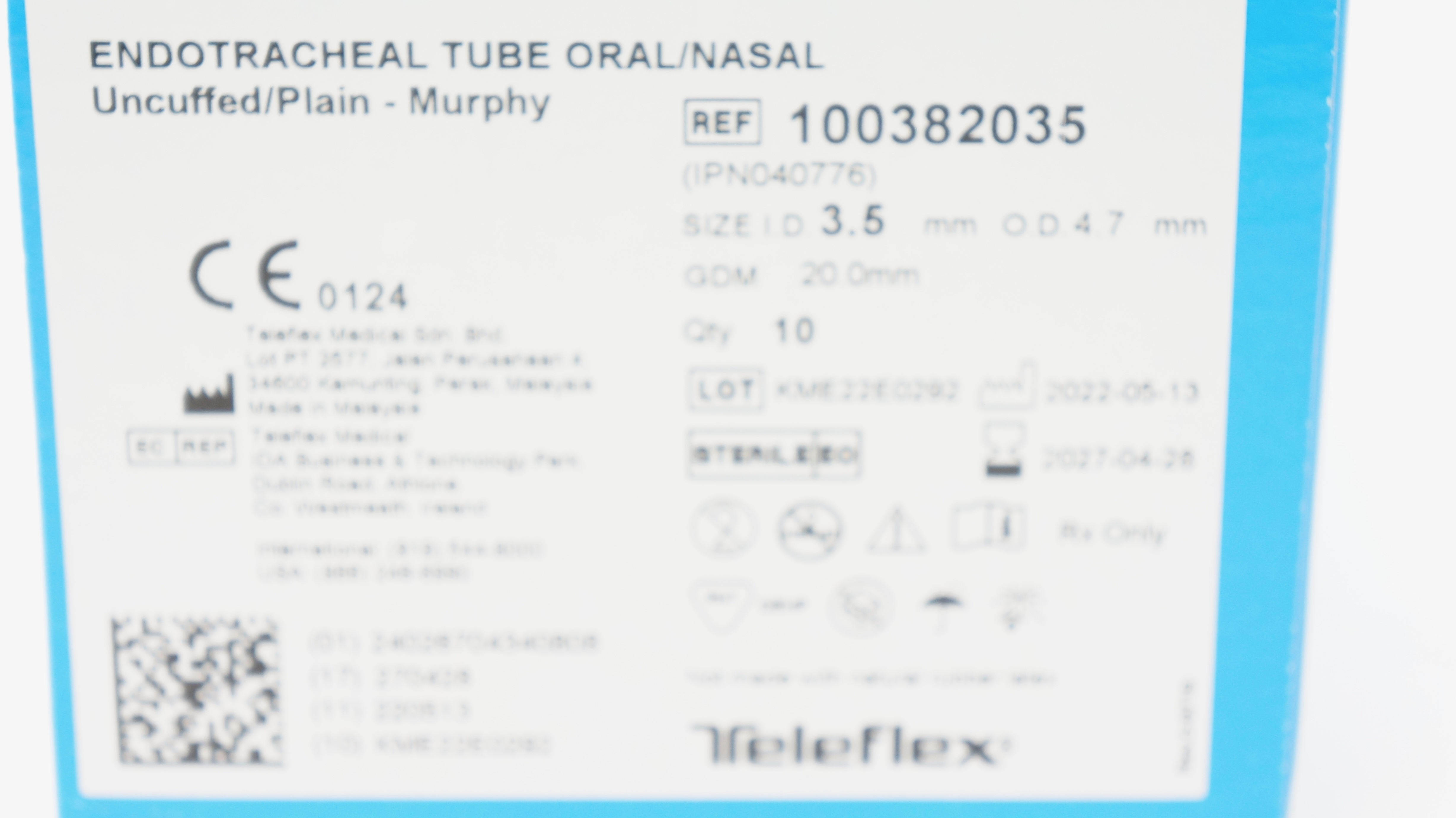 Teleflex 100382035 Endotracheal Tube Uncuffed/Plain 3.5 ID x 4.7mm OD - Box of 8