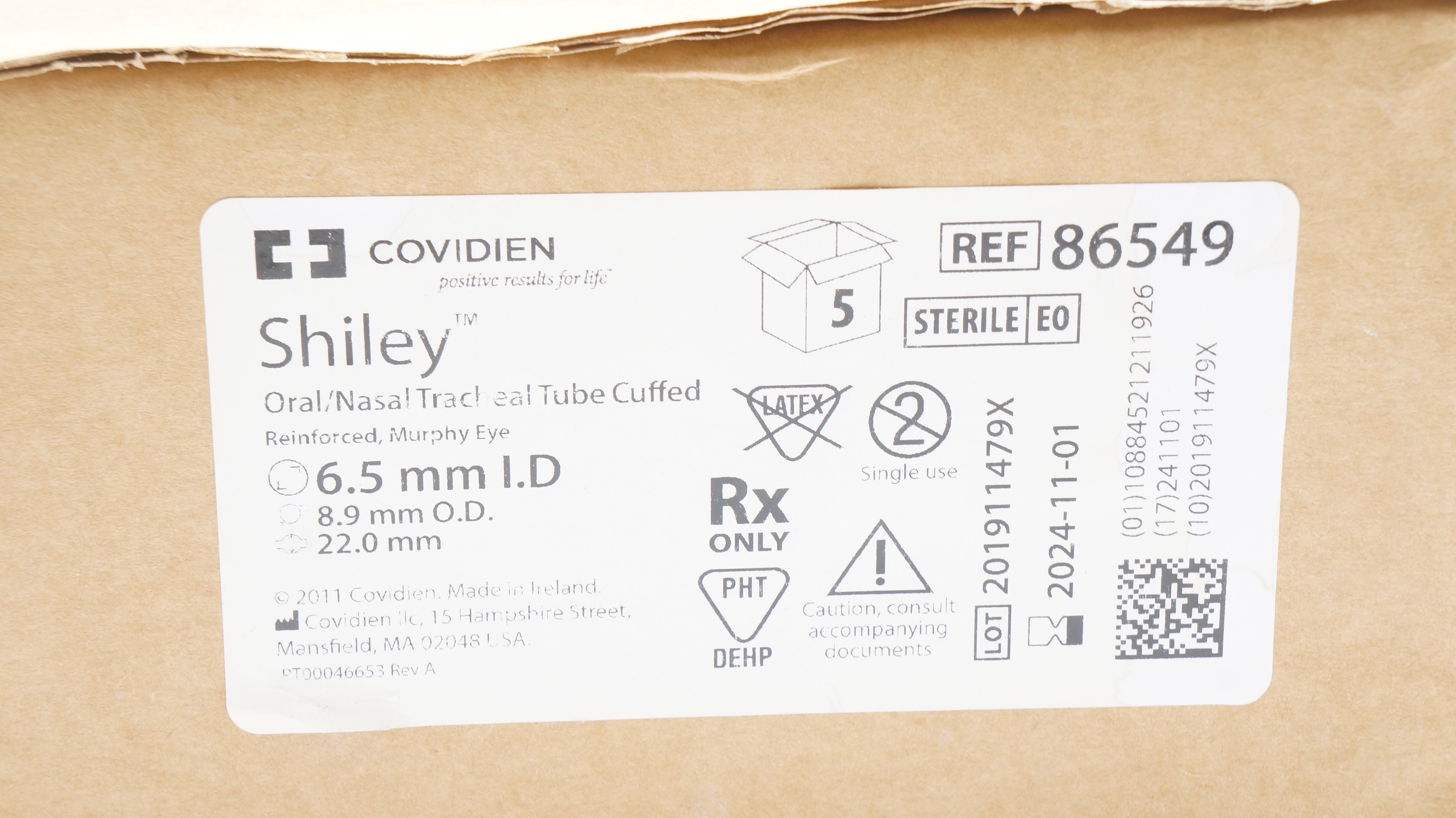 Covidien 86549 Shiley Oral/Nasal Tracheal Tube Cuffed 6.5mm x 8.9mm - Box of 5