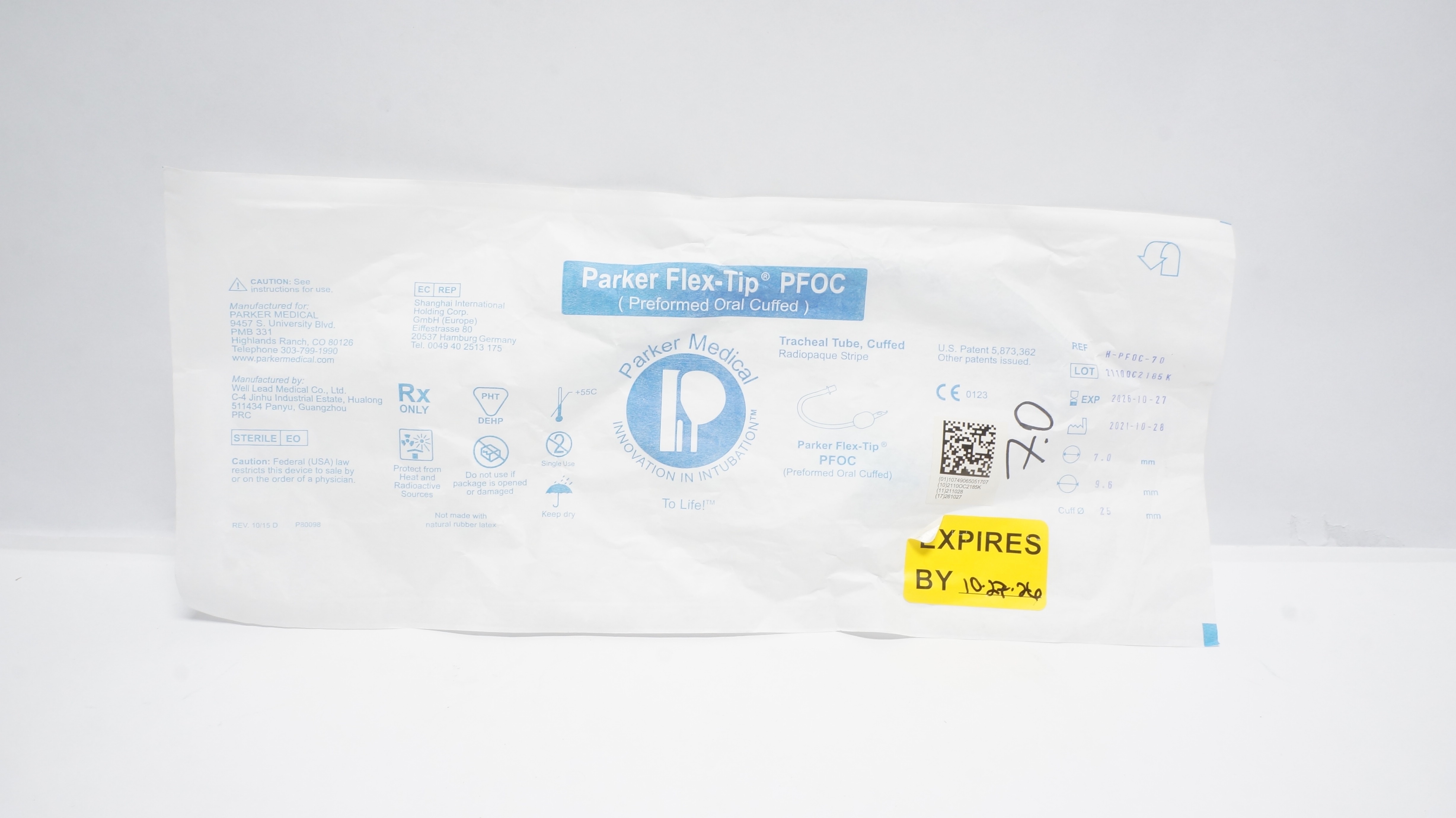 Parker Medical H-PF0C-70 Flex-Tip Performed Oral Cuffed Tracheal Tube 7 x 9.6mm