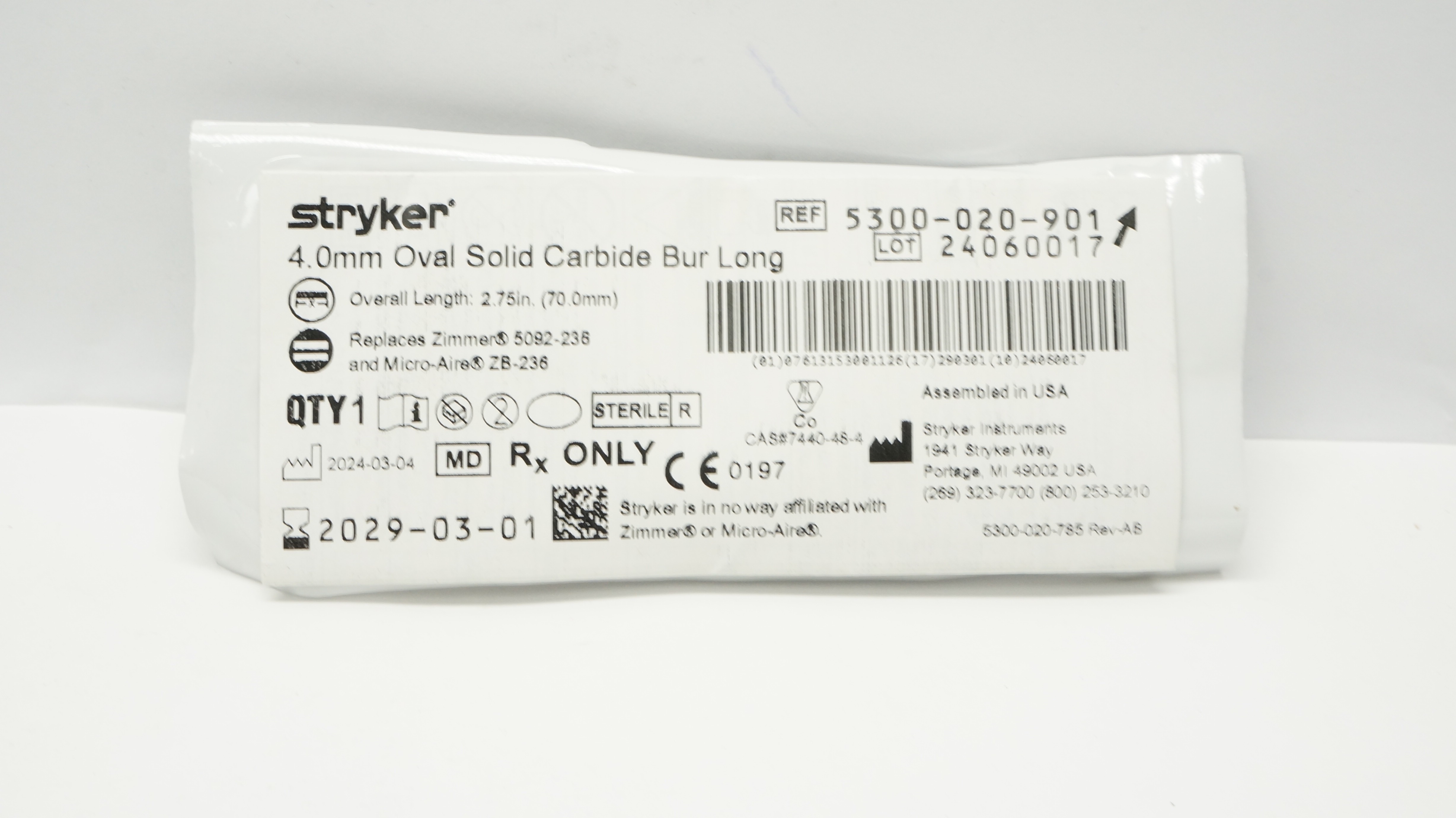 Stryker 5300-020-901 4.0mm Oval Solid Carbide Bur Long