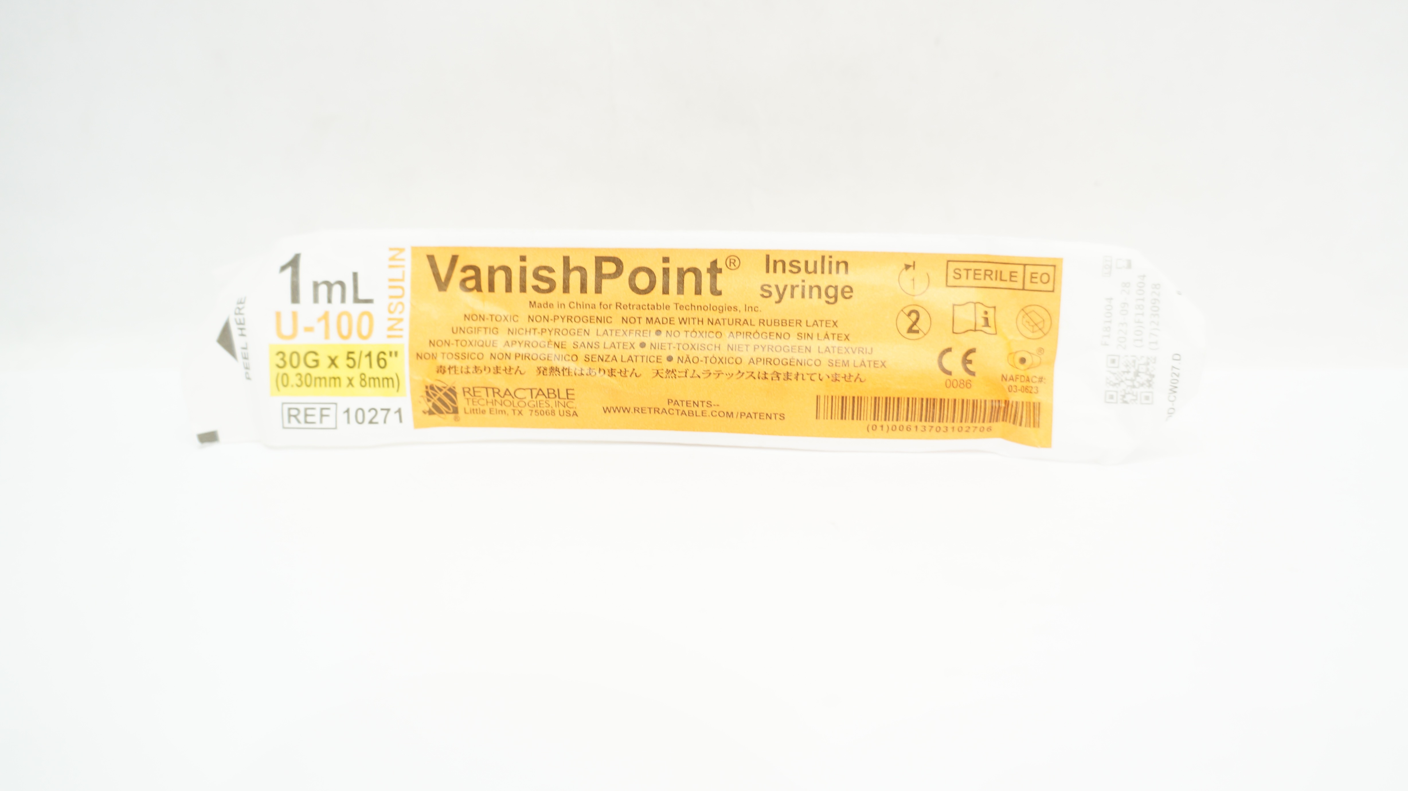 Retractable 10271 VanishPoint Insulin Syringe 1mL U-100 30G x 5/16inch