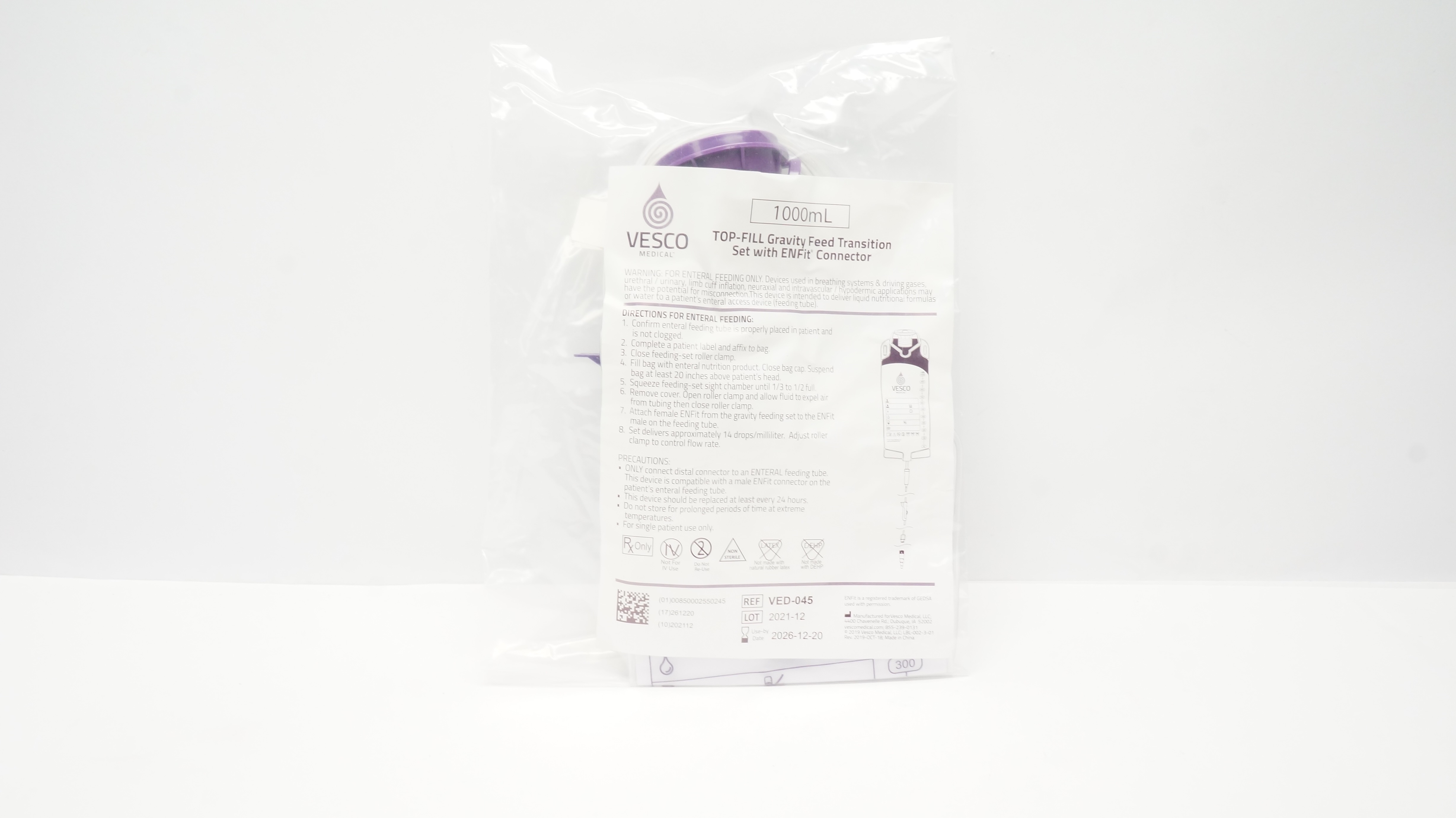 Vesco Medical VED-045 Gravity Feed Transition Set w/ENFit Connector, 1000mL